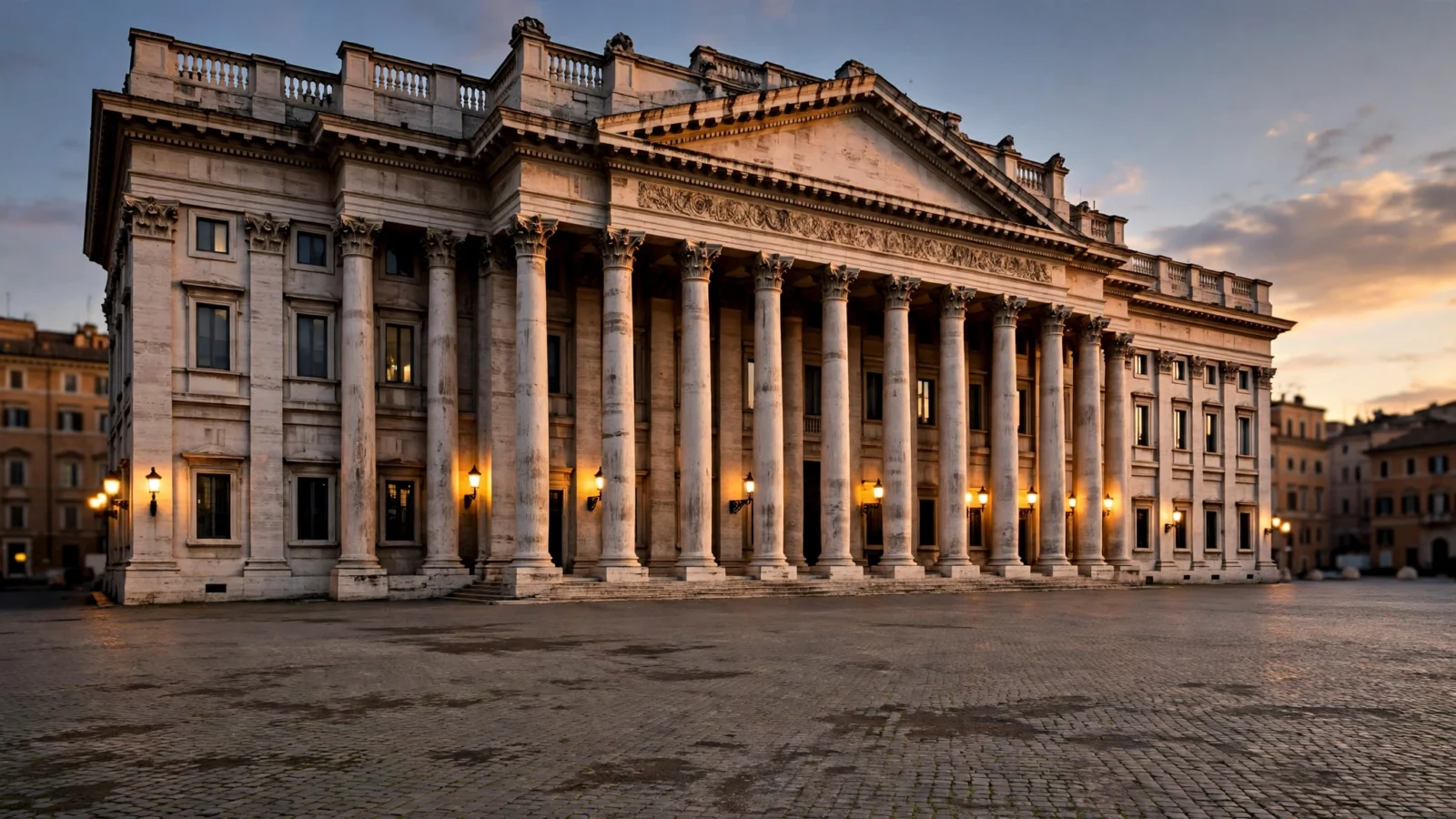 A classical stone government building with tall columns in Rome at dusk, with an empty paved plaza in front