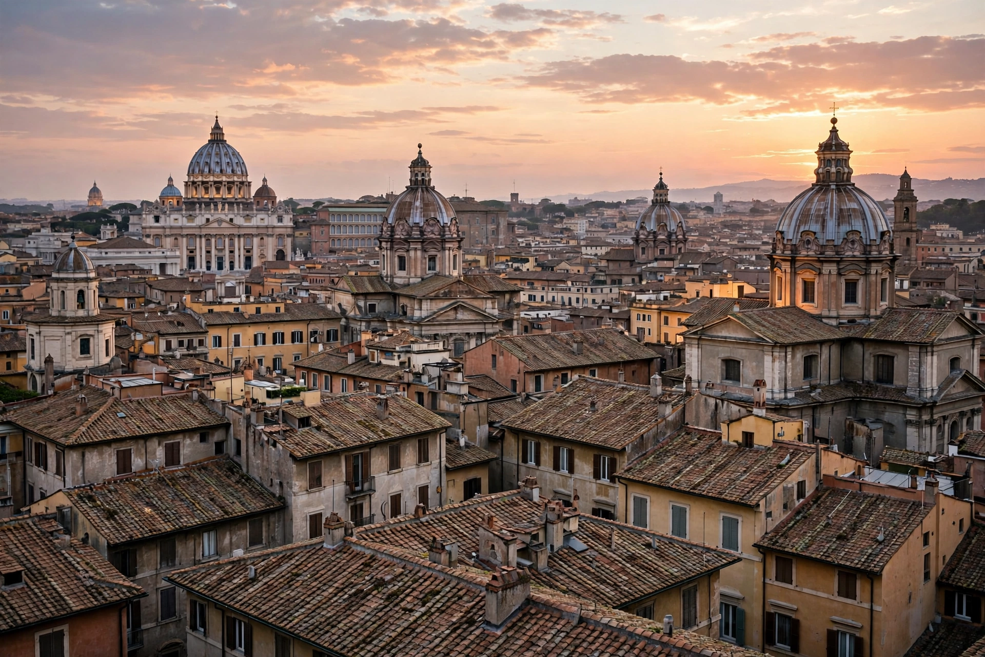 Rooftops and domes of Rome at sunset under a cloudy sky