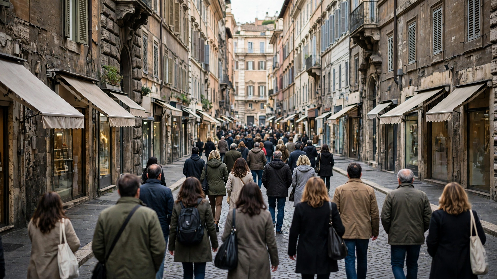People walking away from the camera along a narrow shopping street in Rome lined with old stone buildings