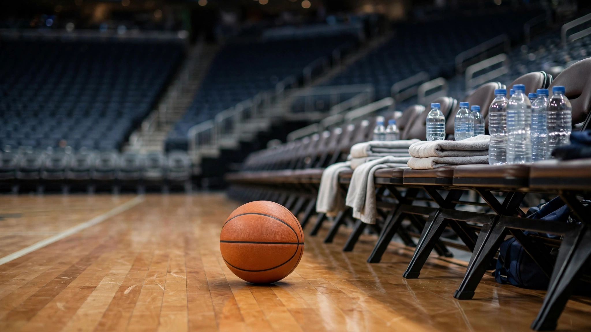 A basketball on a polished wooden court beside a team bench with folded towels and water bottles