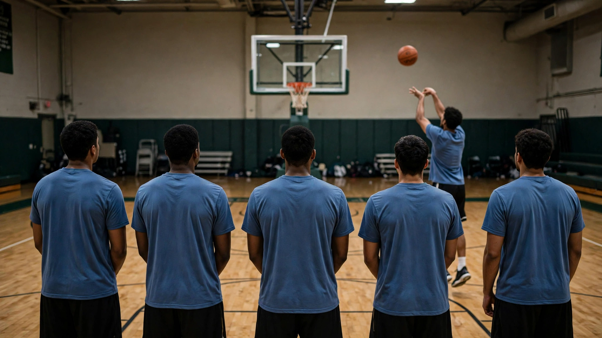 Basketball players in plain blue practice shirts seen from behind on an indoor court, one shooting at a hoop