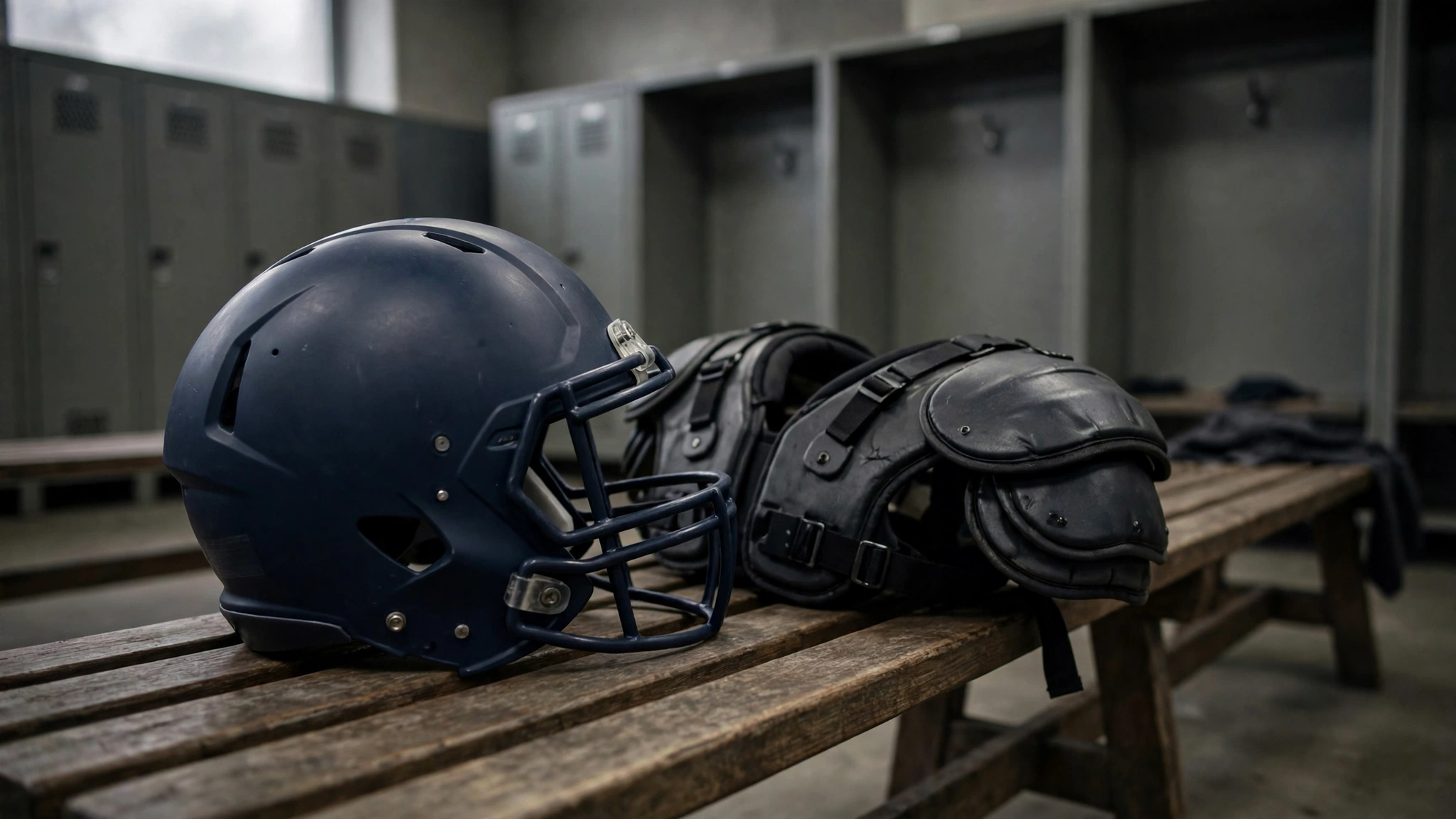 A plain dark football helmet and shoulder pads on a wooden bench in a locker room