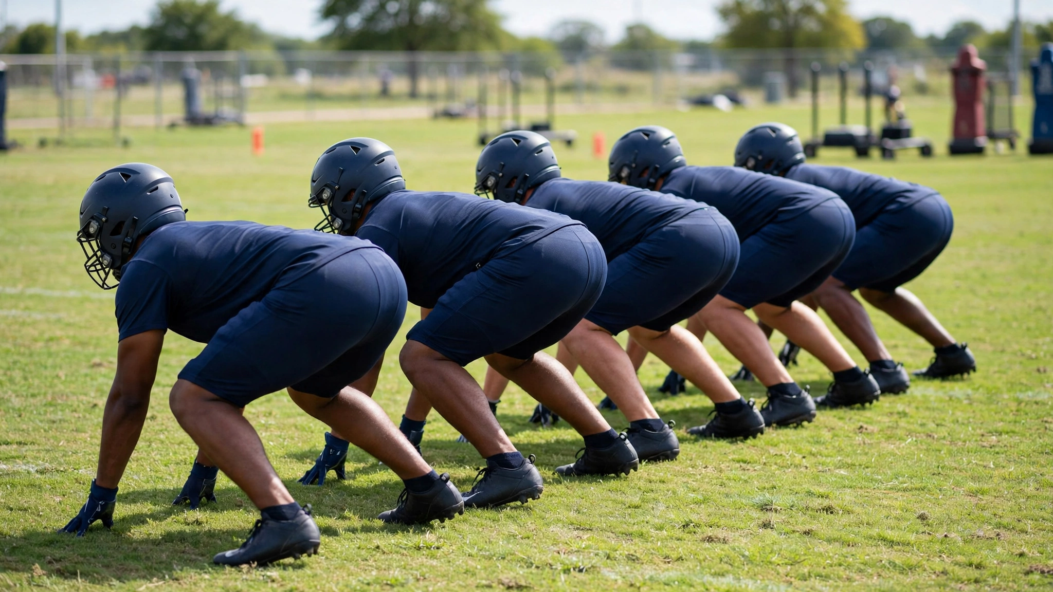 Football players in plain dark uniforms and helmets lined up in three-point stances on a practice field