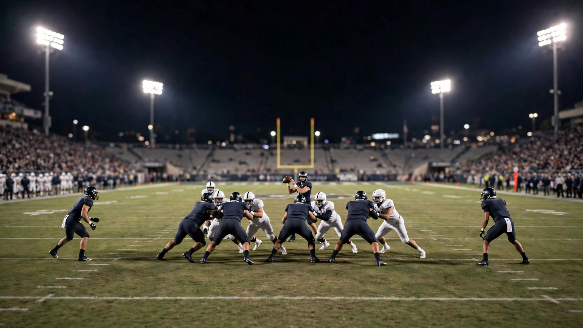 A quarterback preparing to throw behind a line of blockers during a night football game