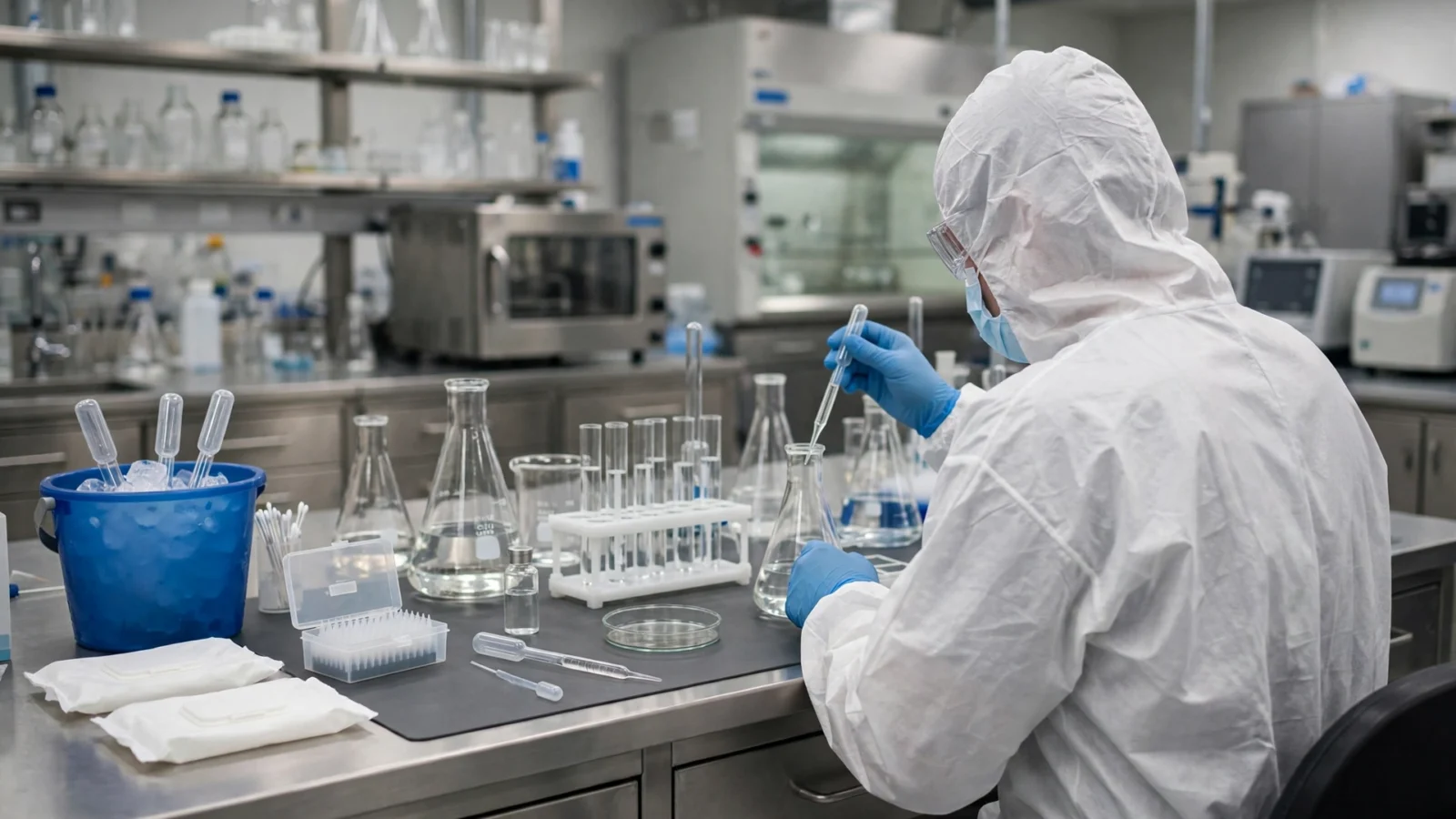 Scientist in white protective clothing and blue gloves working with glass flasks and test tubes in a laboratory