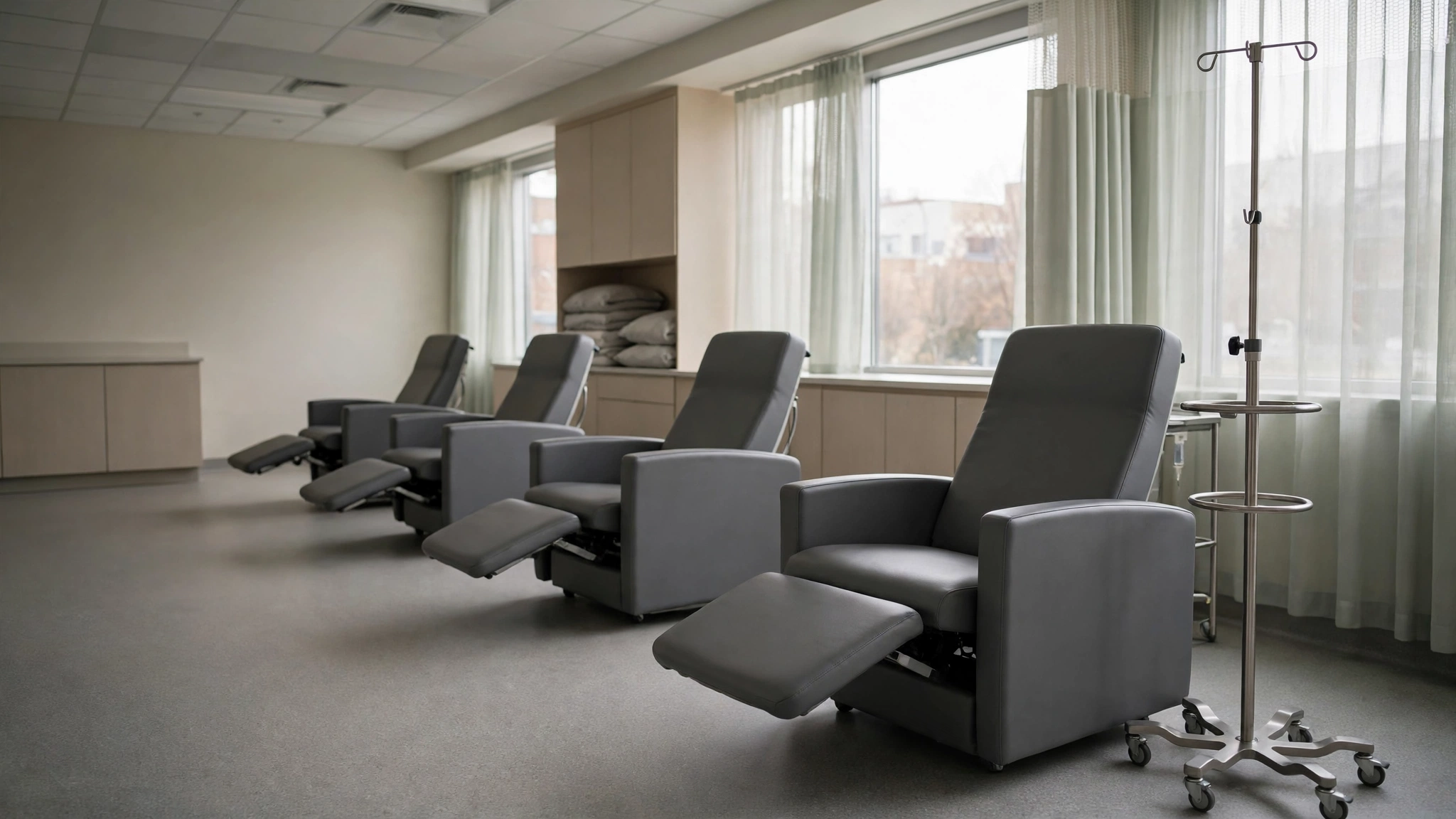 Empty hospital infusion room with four reclining chairs and an intravenous stand