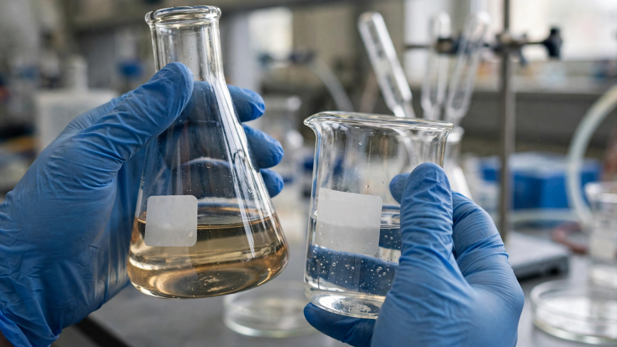 Gloved hands holding two glass laboratory vessels with blank labels