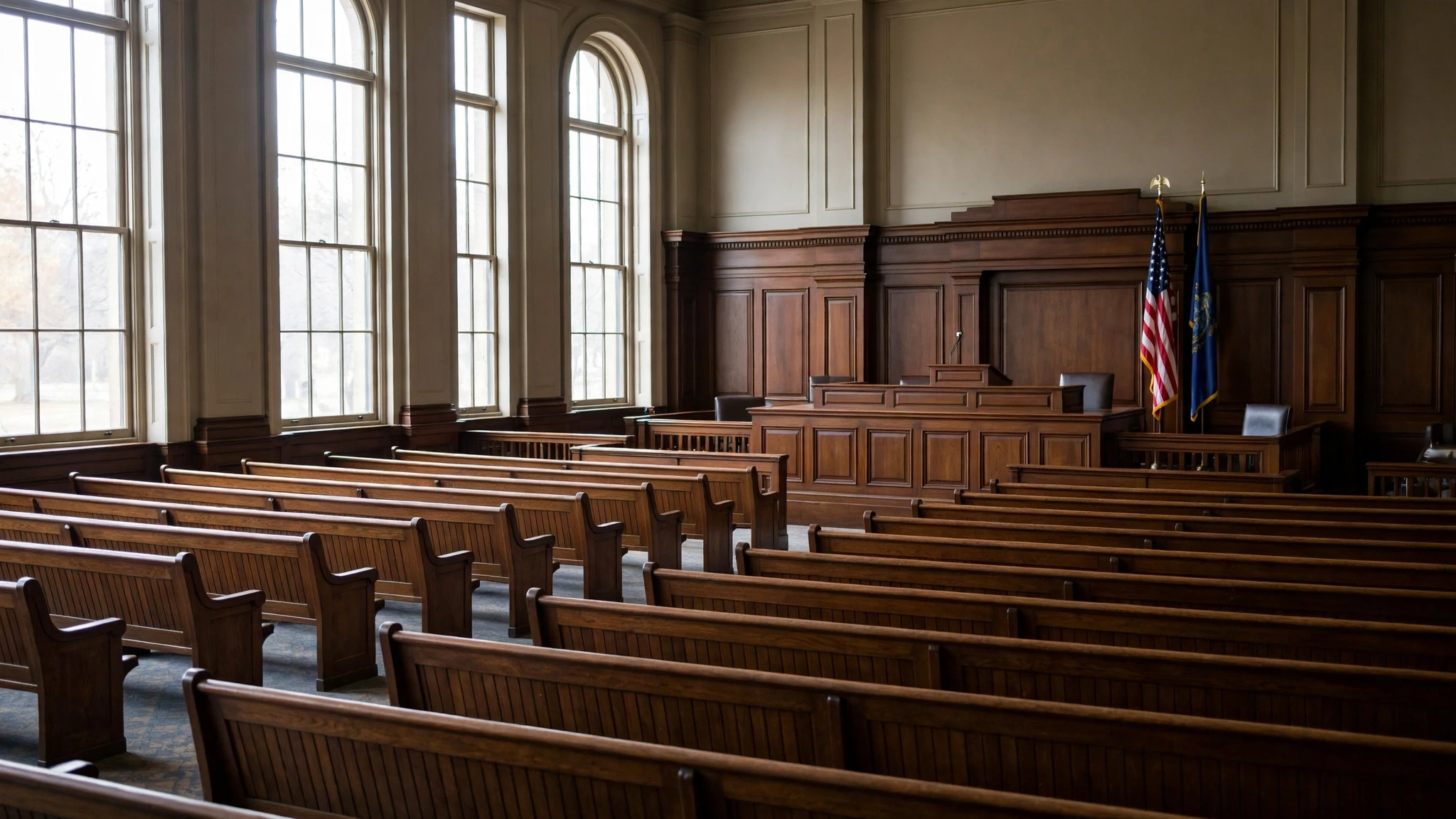 Empty courtroom with wooden benches, a wooden judge bench, and two flags