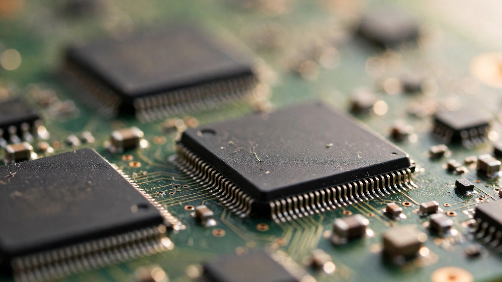 Close-up of black computer chips mounted on a green circuit board