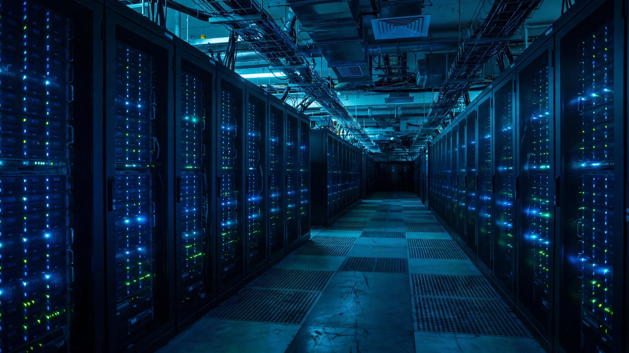 A long aisle of server racks with blinking lights in a data center