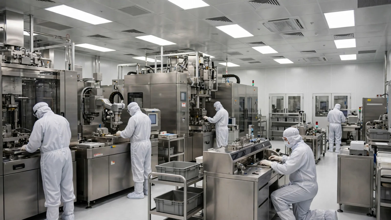 Workers in white cleanroom suits working at machines inside a semiconductor fabrication plant