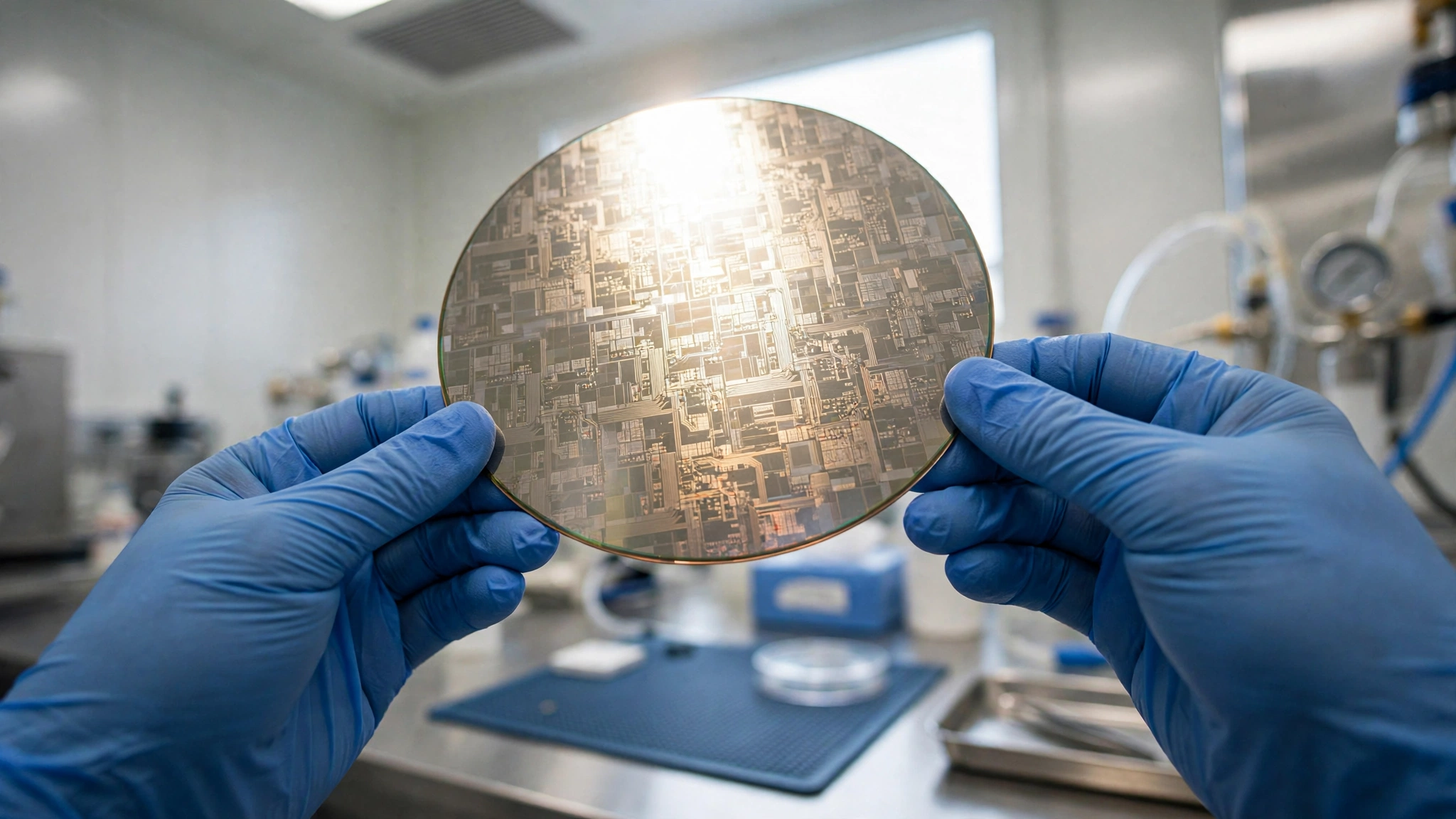 Gloved hands holding a round silicon wafer patterned with circuits in a laboratory