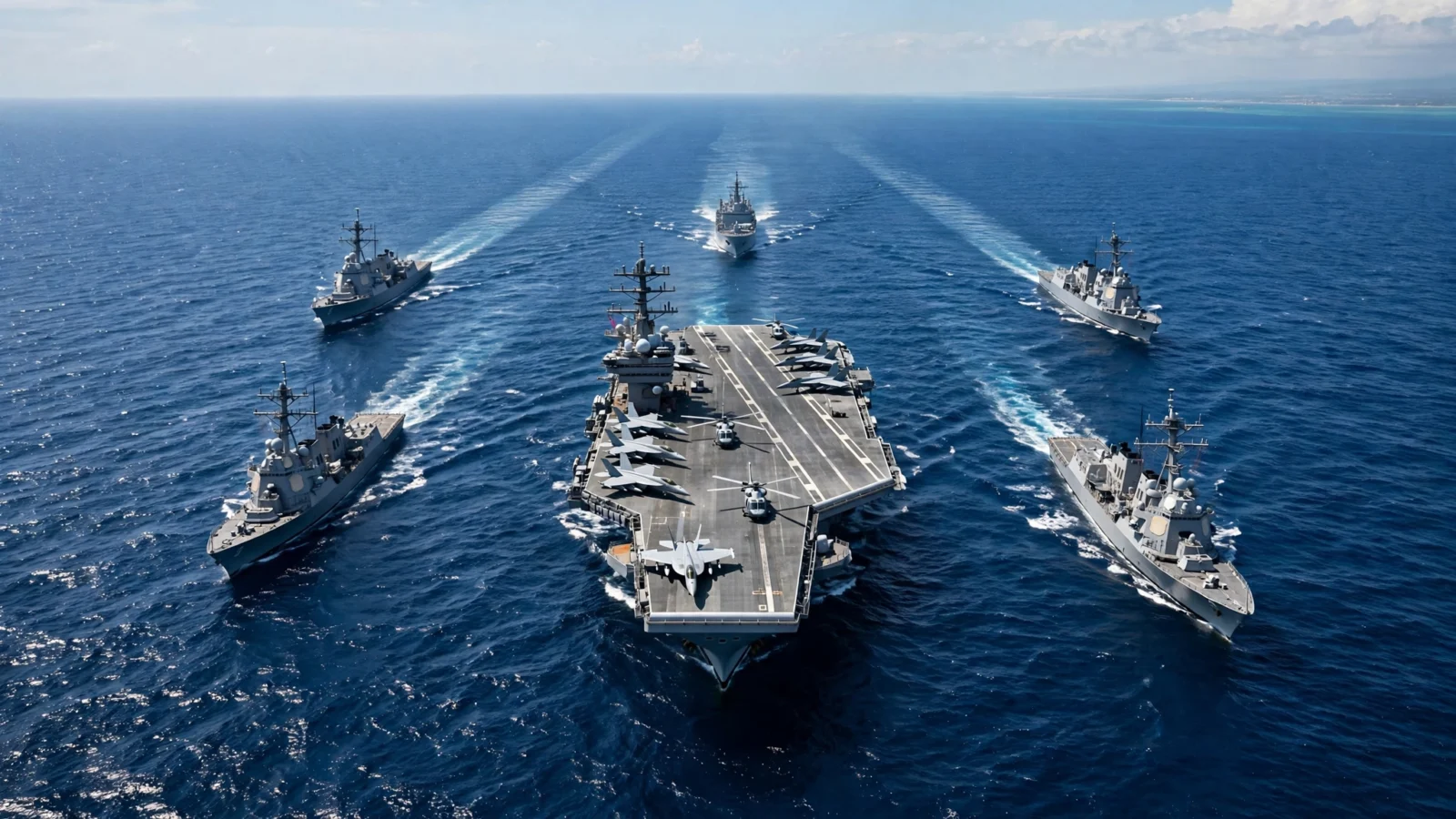 Aerial view of an aircraft carrier sailing in formation with escort warships on open ocean