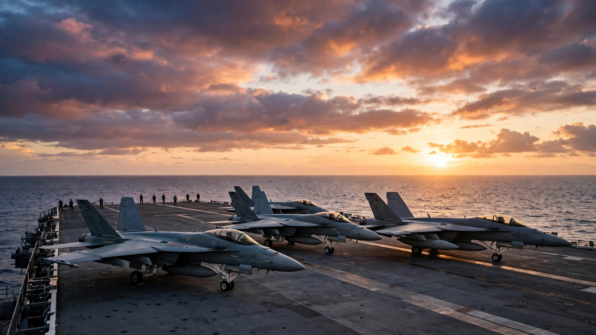 Fighter jets parked on an aircraft carrier deck at sunset with crew silhouettes in the distance