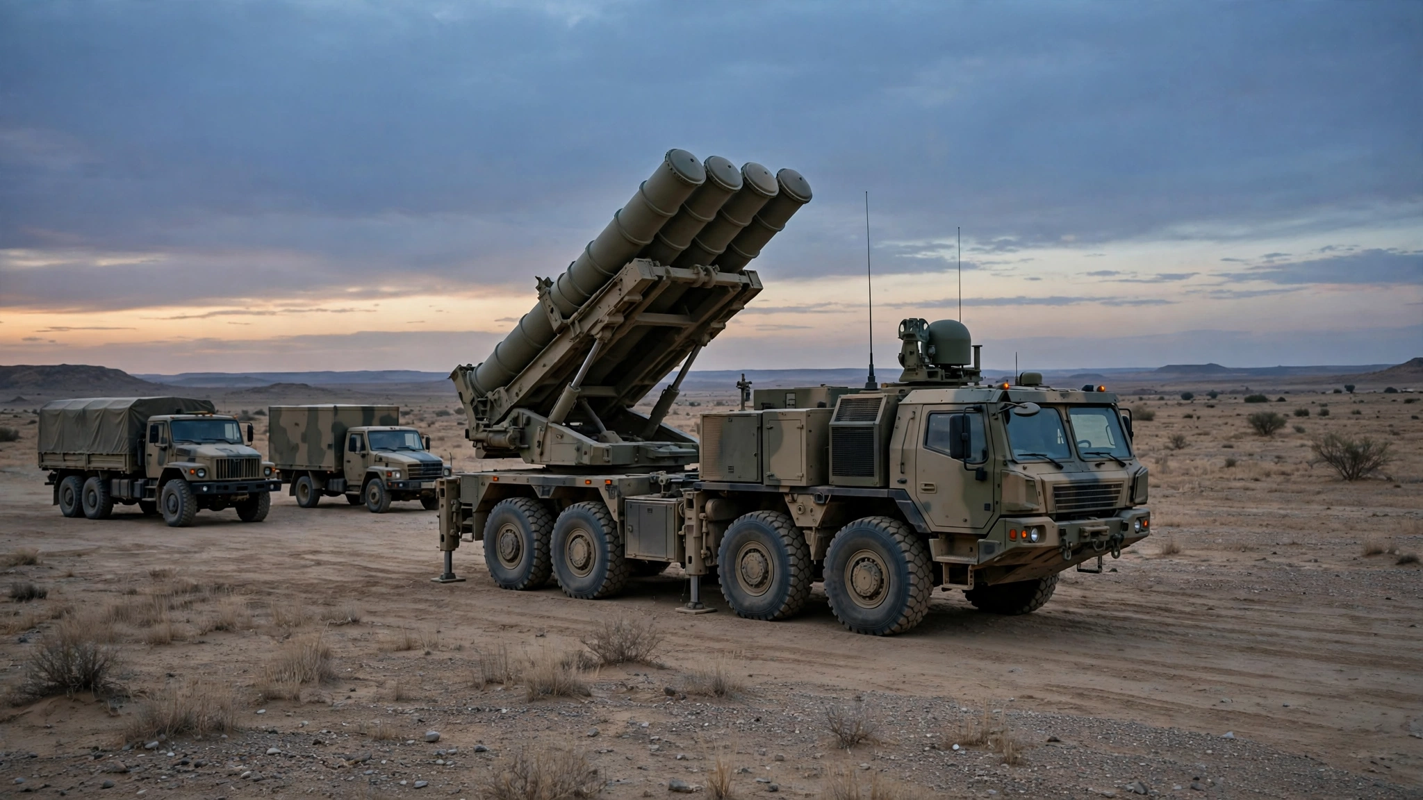 A mobile air defense missile launcher vehicle with support trucks in flat desert terrain at dusk