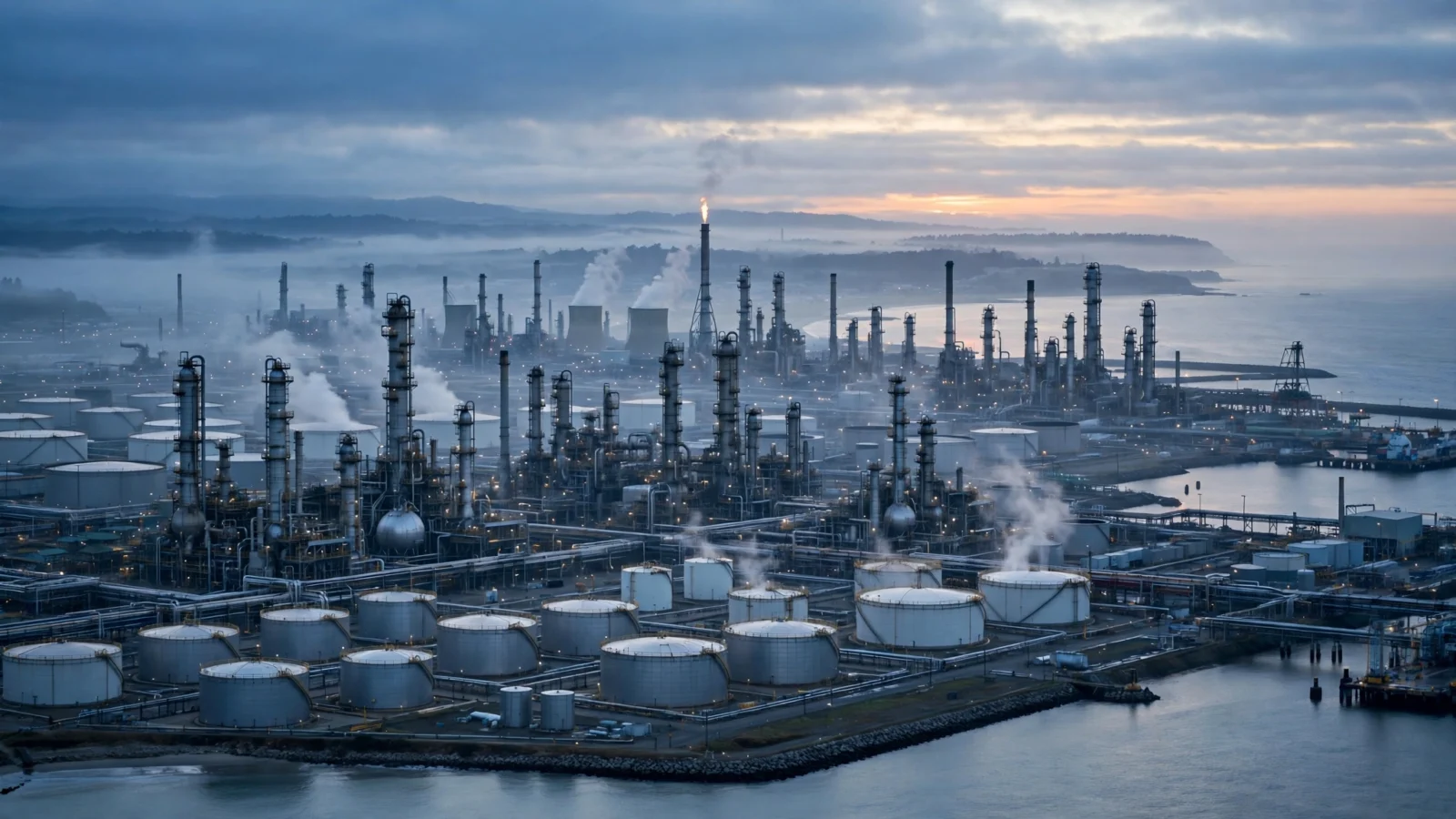 A large coastal oil refinery with storage tanks and tall towers beside the water at dawn