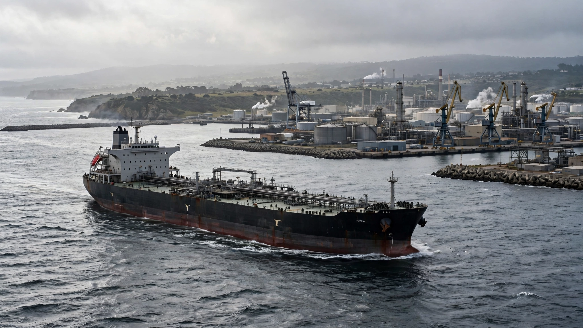 A large oil tanker ship sailing near a coastal industrial port under a cloudy sky