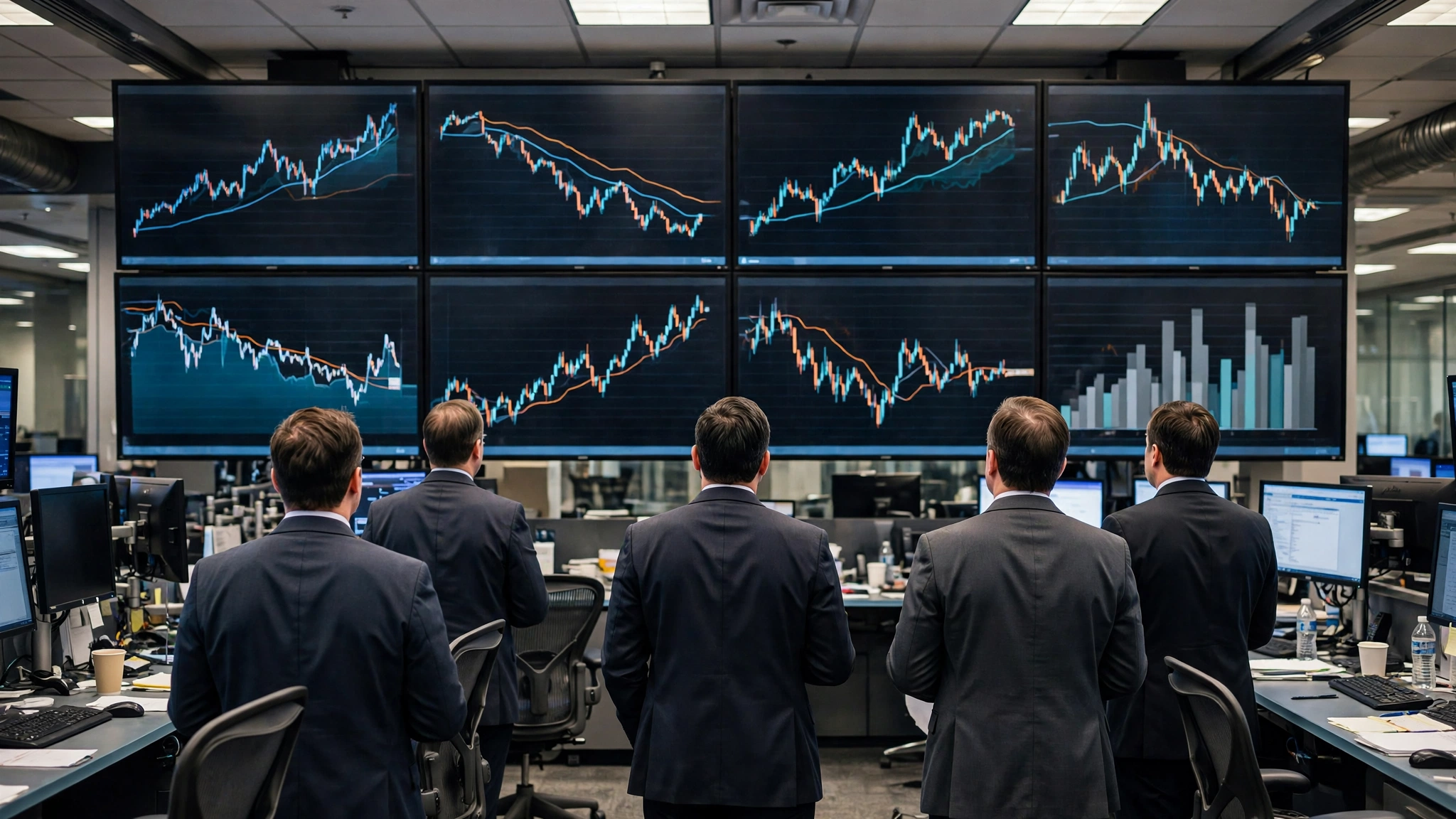 People in suits viewed from behind watching price charts on large screens in a trading room