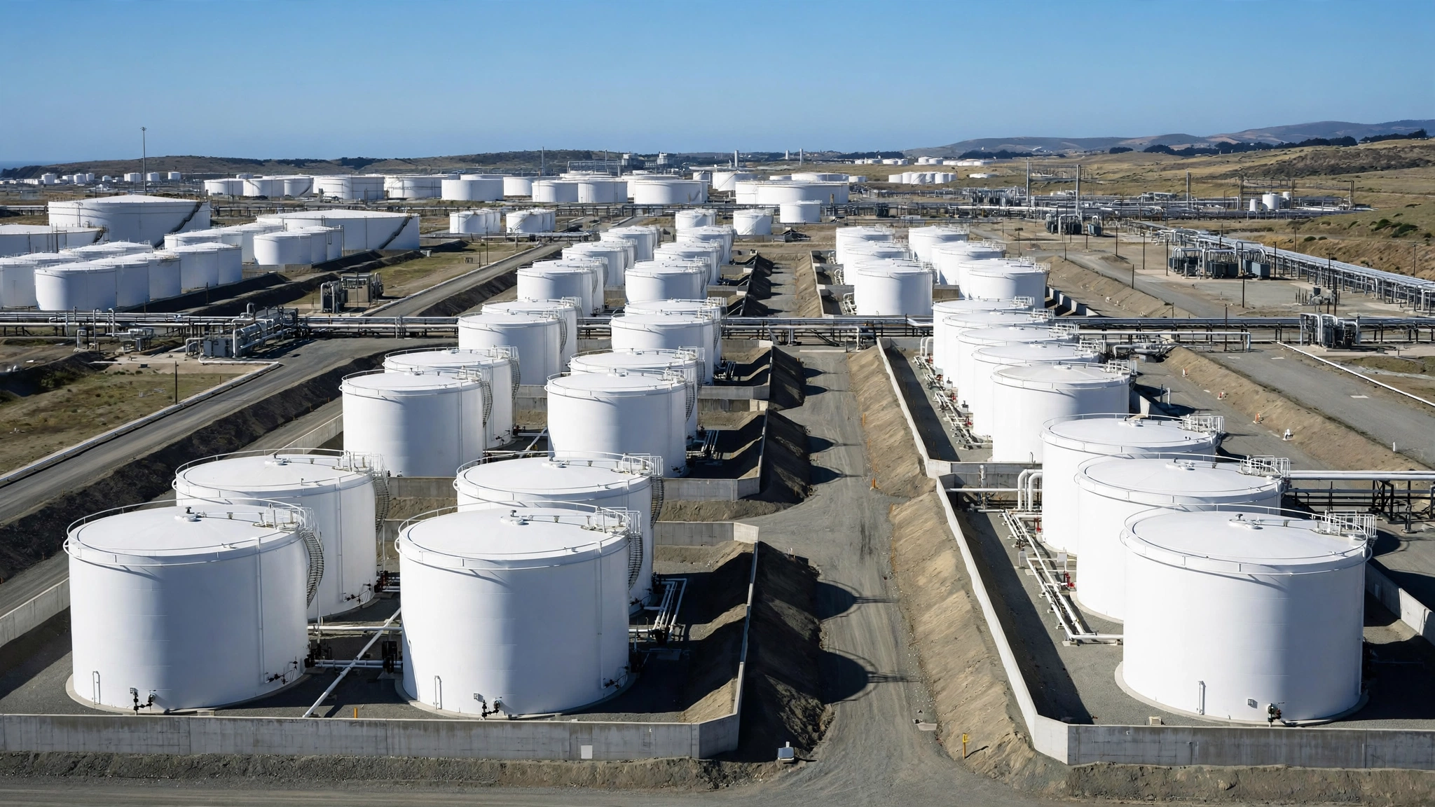 Rows of white cylindrical oil storage tanks at an industrial terminal under a clear sky
