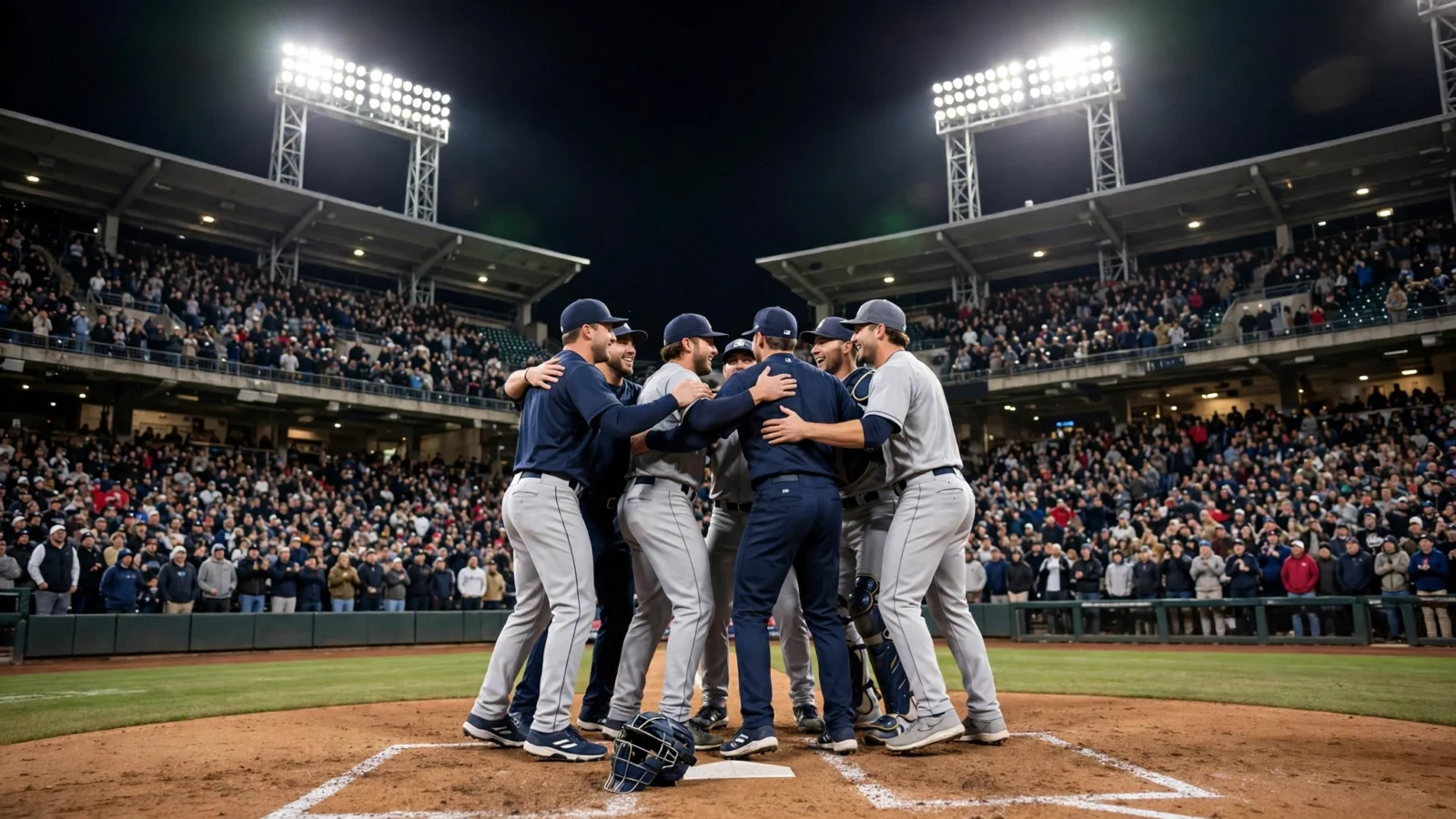 Baseball players in plain uniforms celebrating together at home plate under stadium lights at night