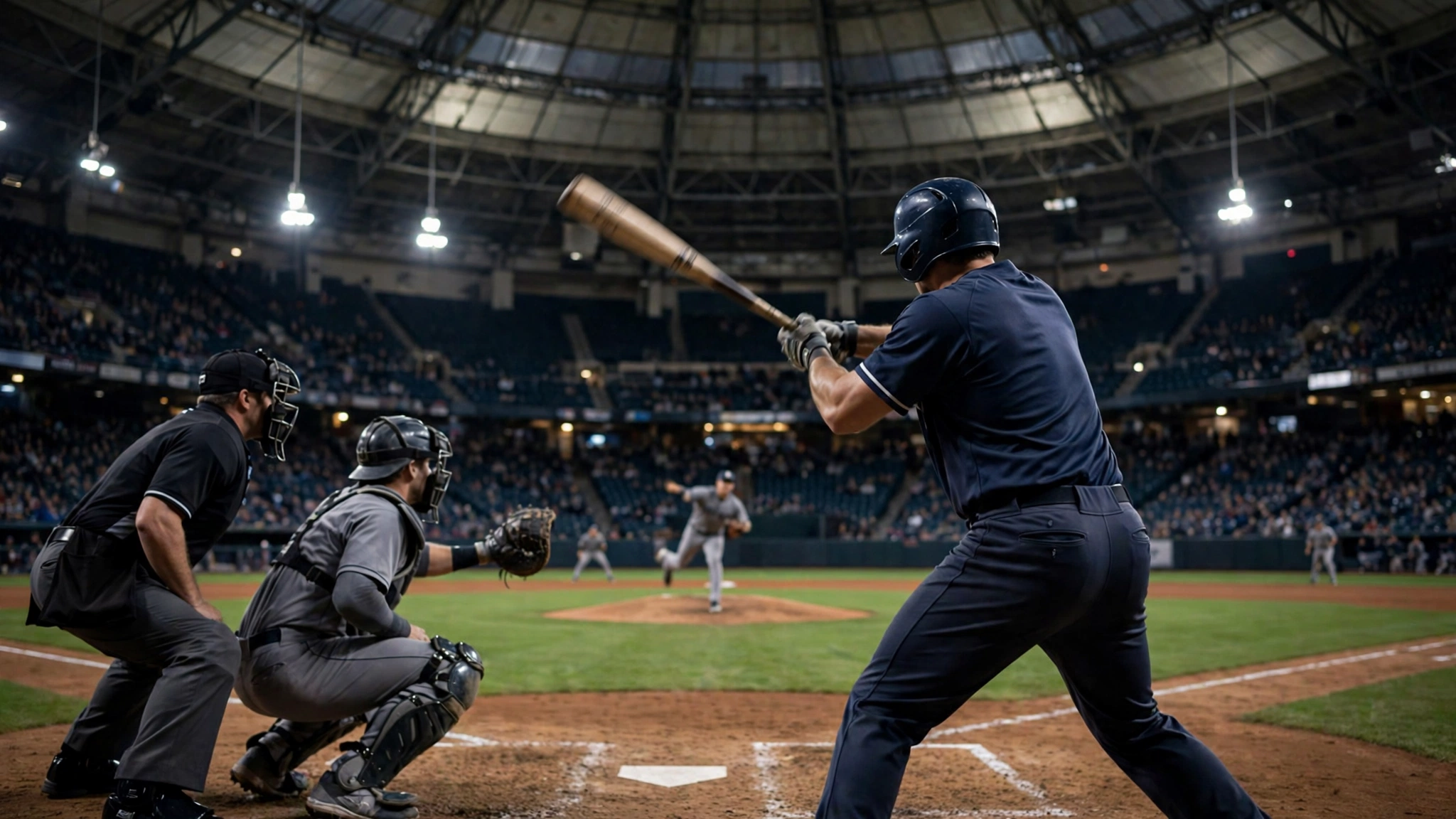 A batter swinging at a pitch in a domed baseball stadium at night, with a catcher and umpire behind home plate