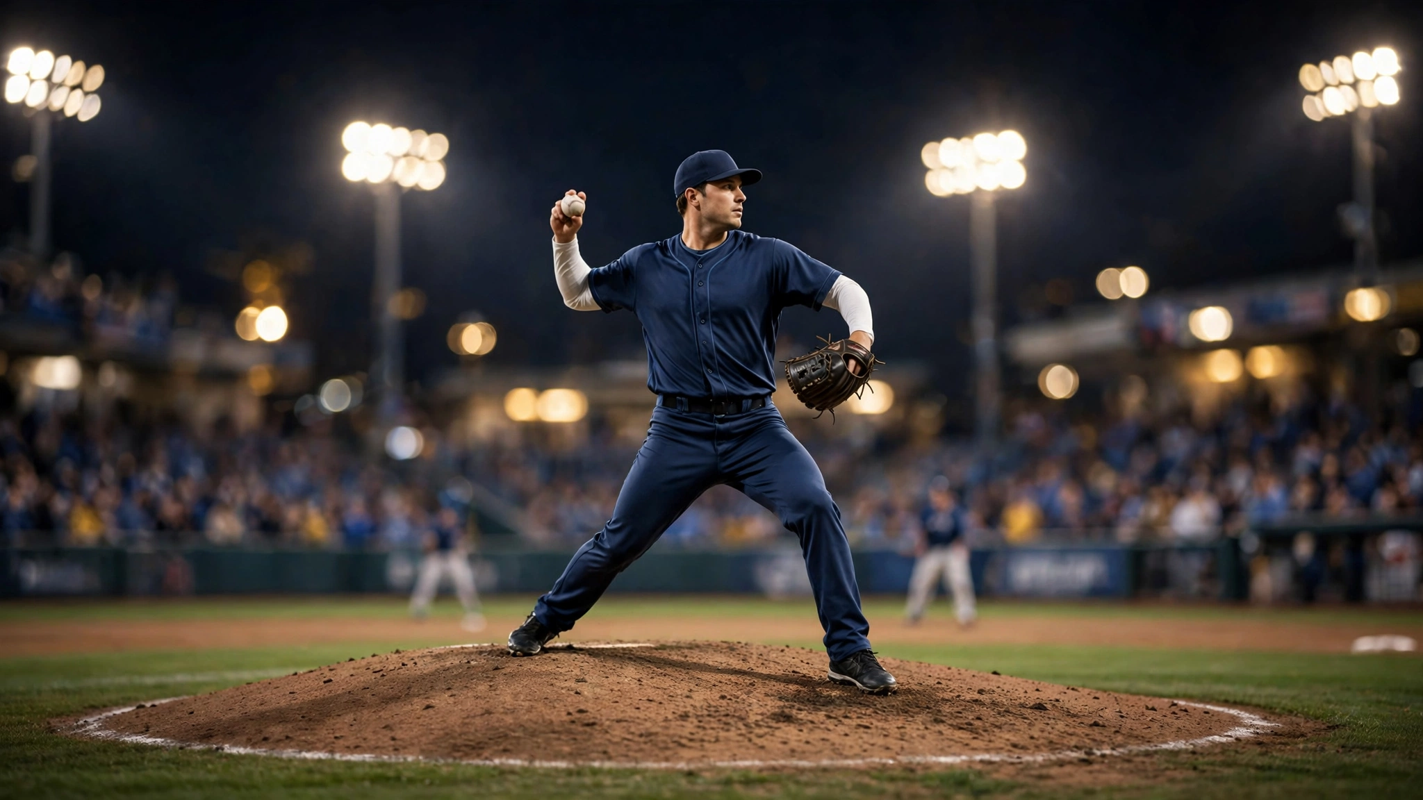 A baseball pitcher in a plain dark uniform standing on the mound holding a ball under stadium lights at night