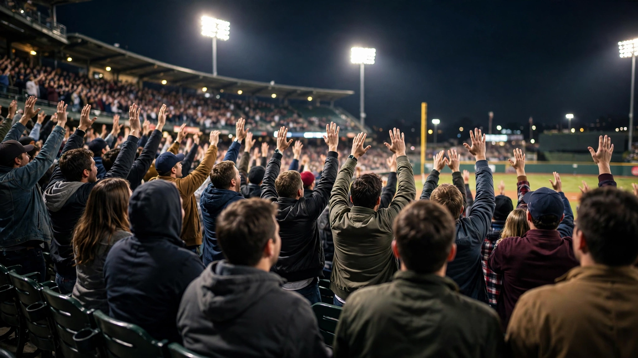 Baseball fans in stadium stands at night with their hands raised, facing the field