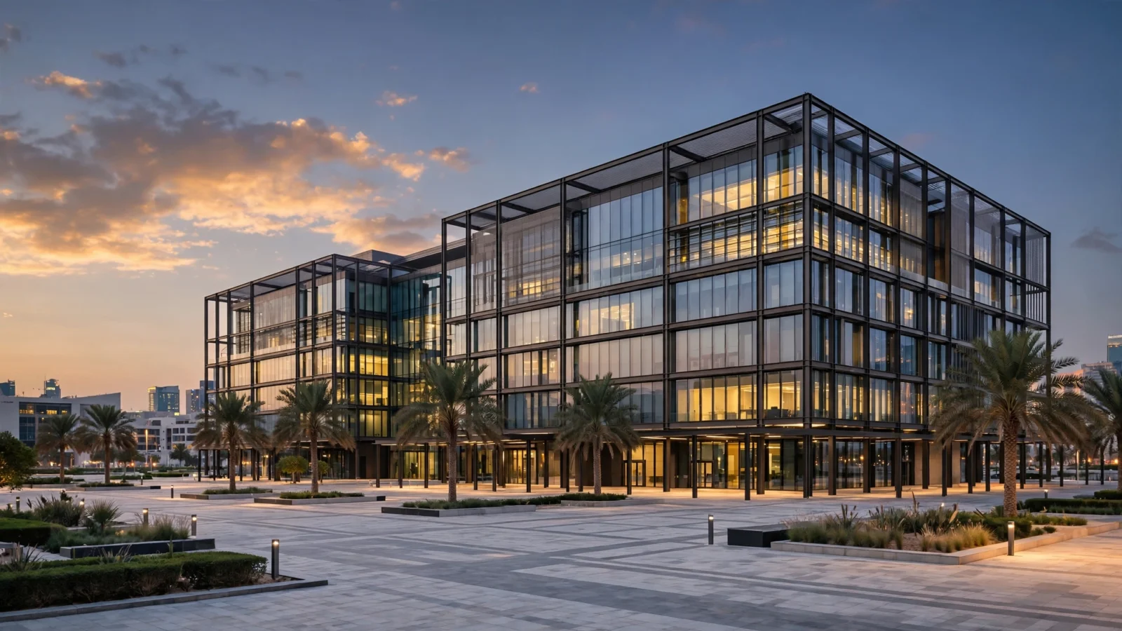A modern glass office building with lit windows beside palm trees and an empty paved plaza at dusk