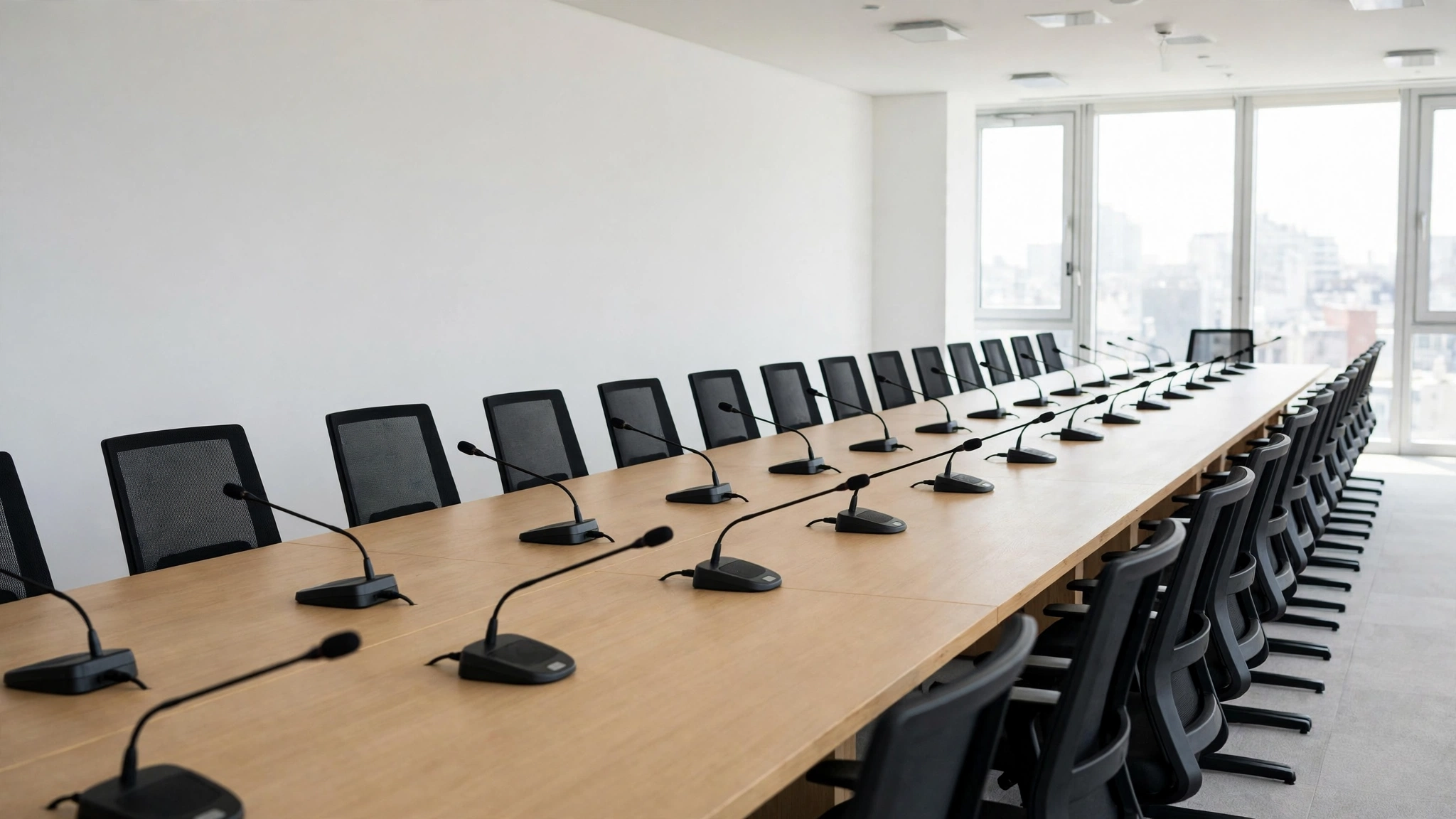 A long empty conference table with chairs and microphones in a bright meeting room