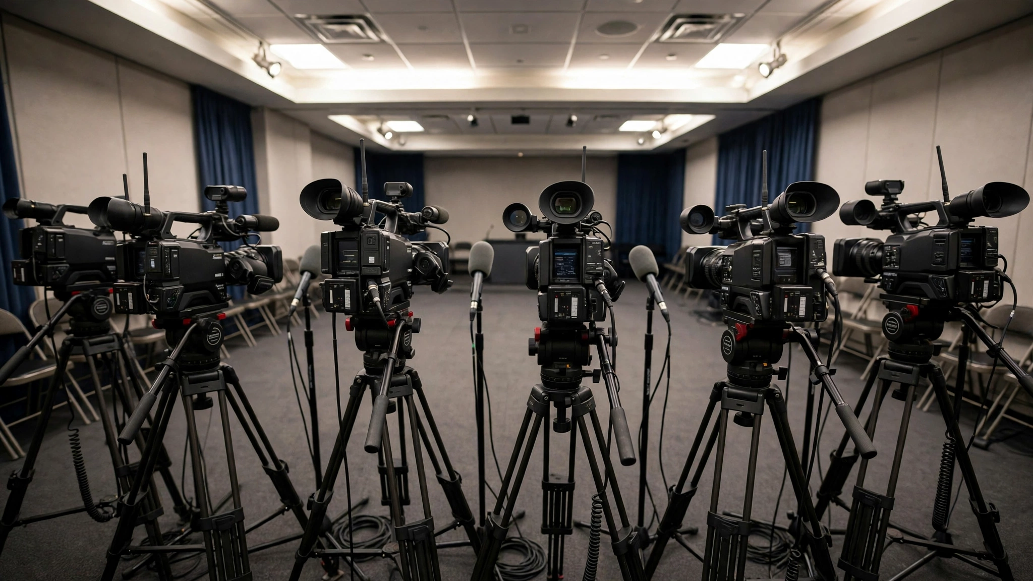 Television cameras on tripods and microphones on stands in an empty press briefing room