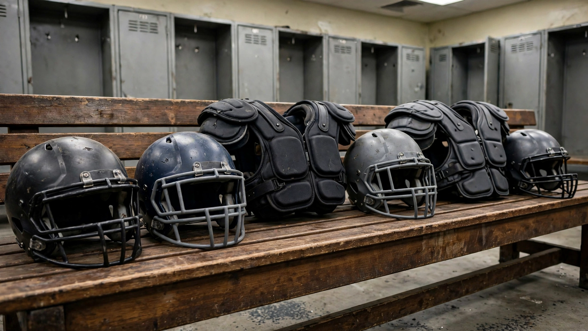 Football helmets and shoulder pads arranged on a wooden bench in a locker room