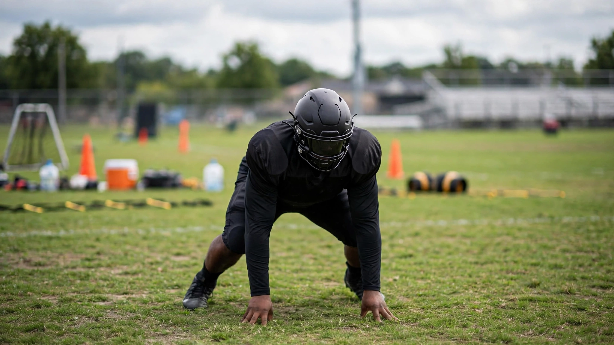 A football player in a plain dark uniform and helmet in a three-point stance on a practice field