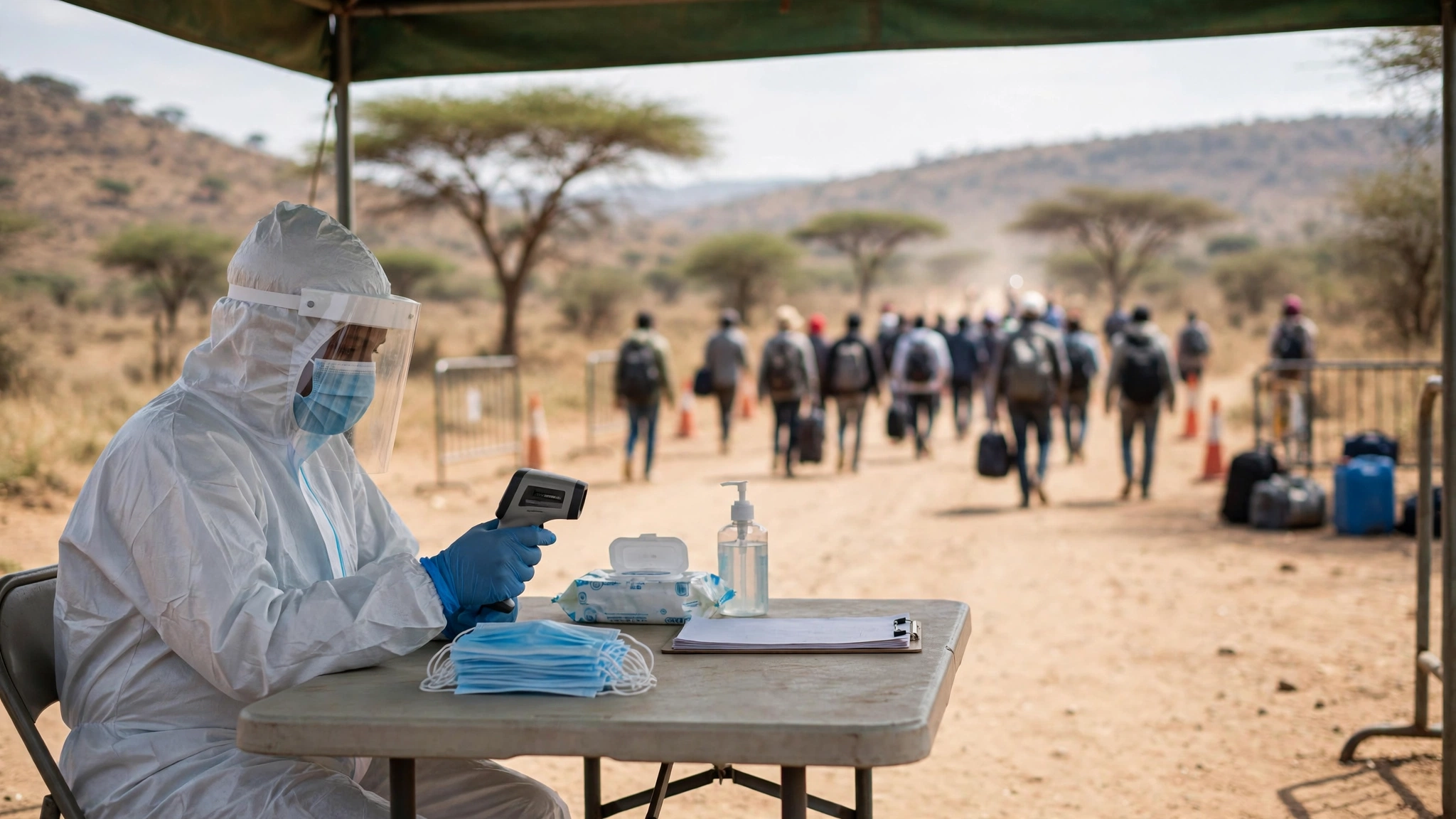 A health worker in a white protective suit holding a handheld thermometer at an outdoor screening table, with travelers walking in the distance.