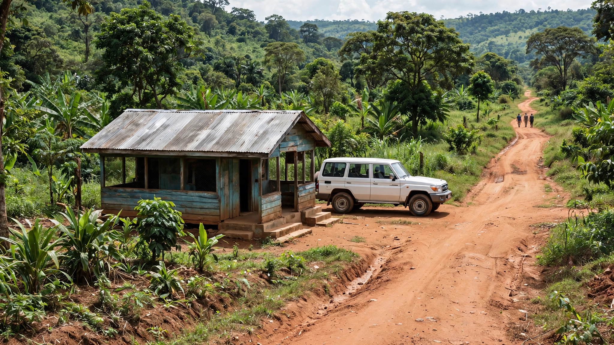 A small wooden health post with a metal roof beside a dirt road, with a white four-wheel-drive vehicle parked outside.