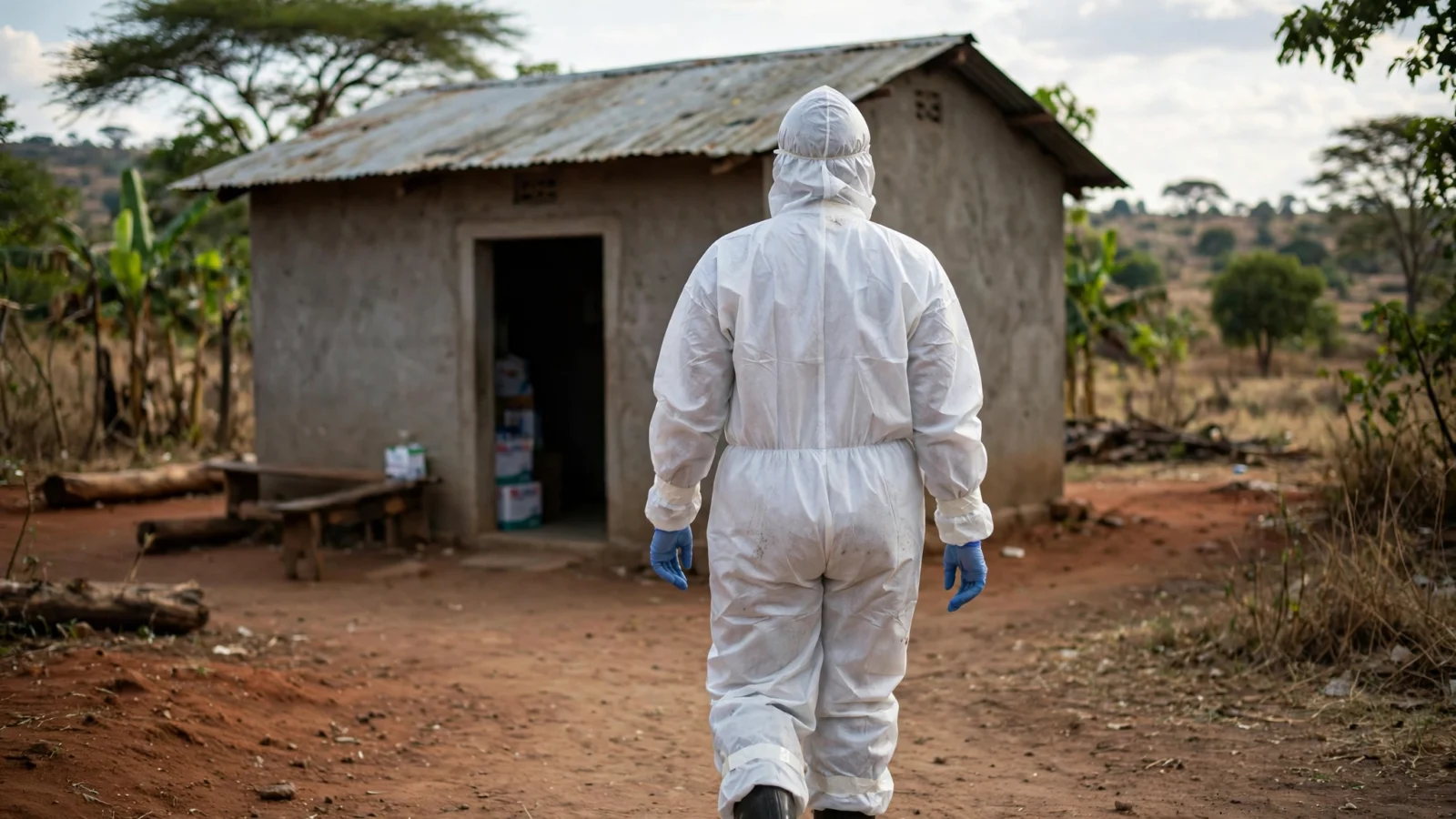 A health worker in a white protective suit and blue gloves seen from behind, walking toward a small concrete building with a metal roof.