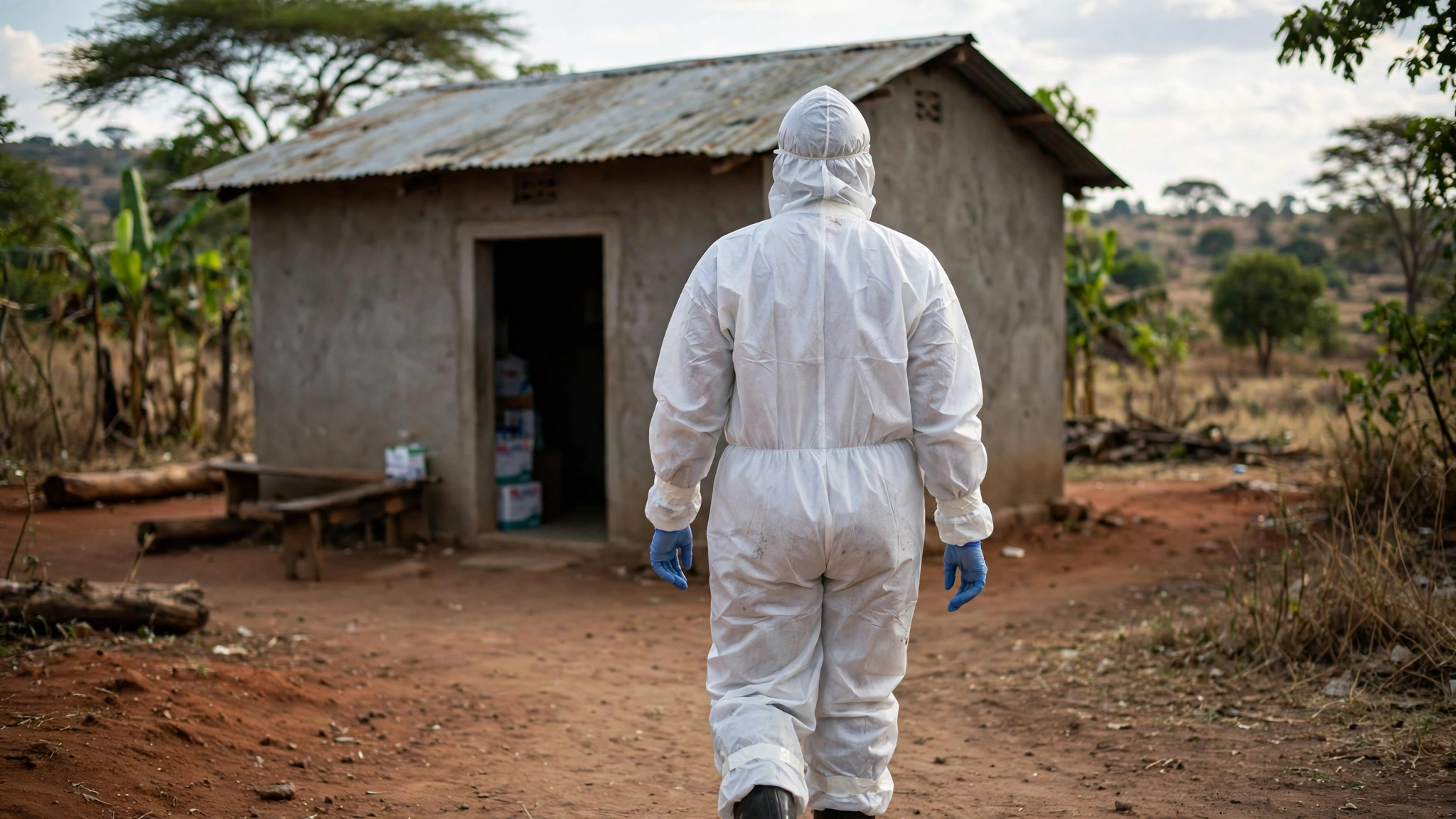A health worker in a white protective suit and blue gloves seen from behind, walking toward a small concrete building with a metal roof.