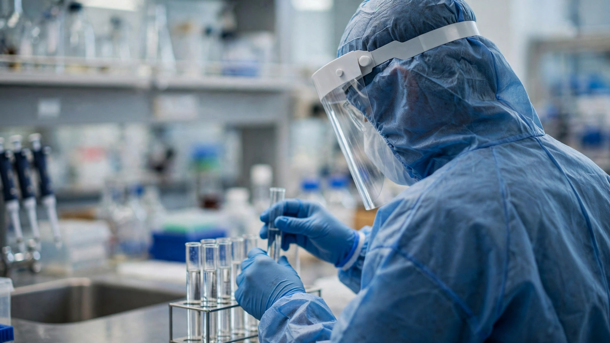 A laboratory worker in a blue protective suit and face shield handling test tubes at a bench.
