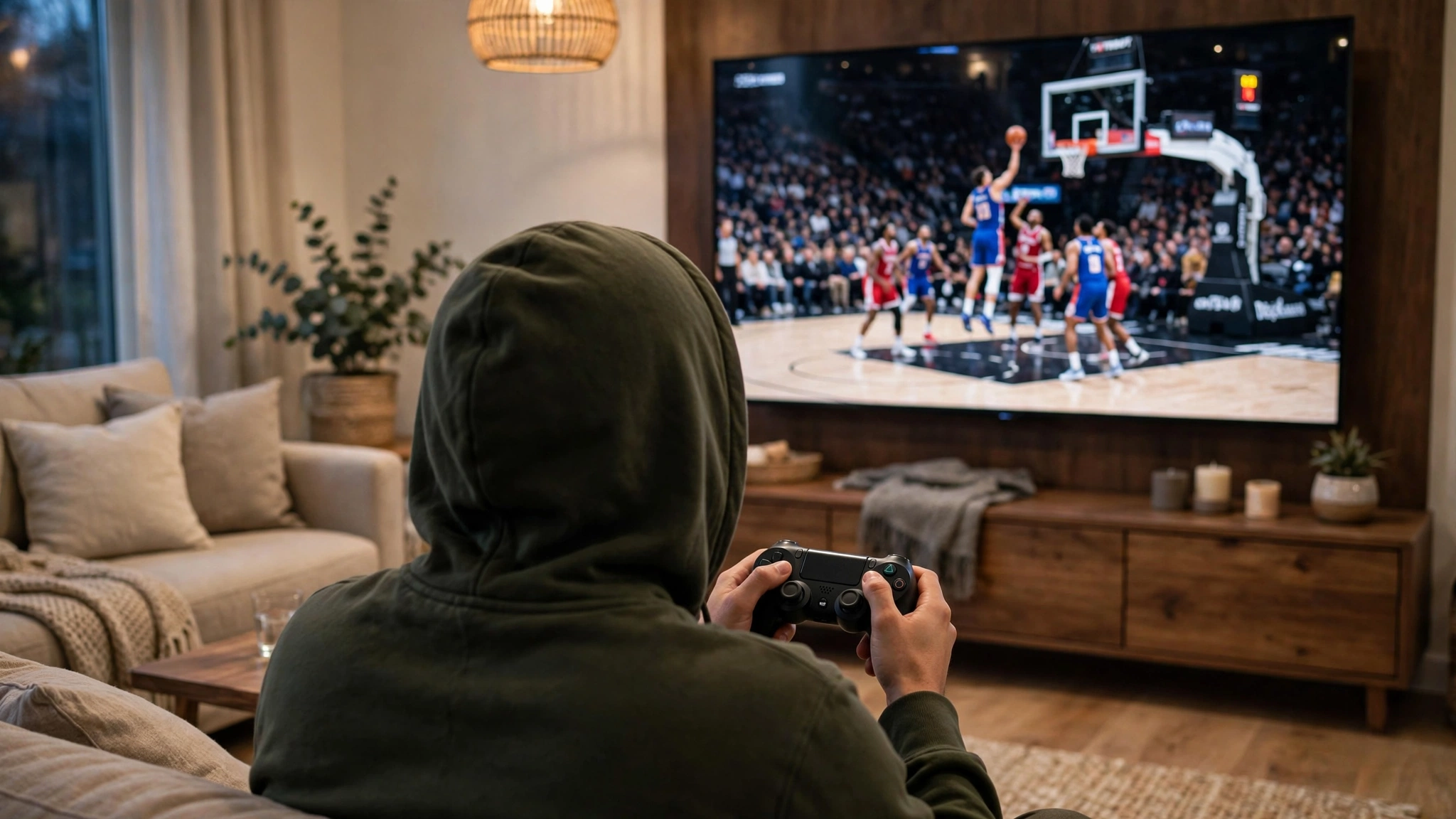 A person seen from behind holding a game controller while watching a basketball game on a large television