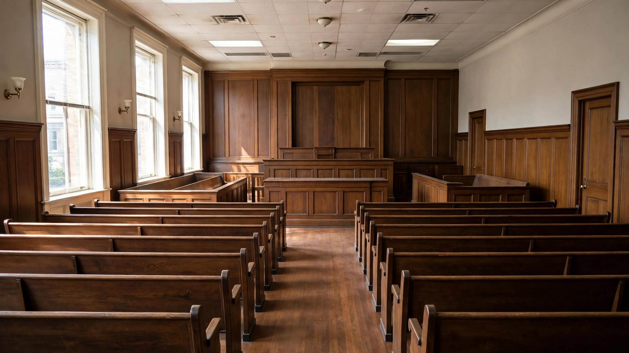 An empty courtroom with a wooden judge bench and rows of empty wooden seats
