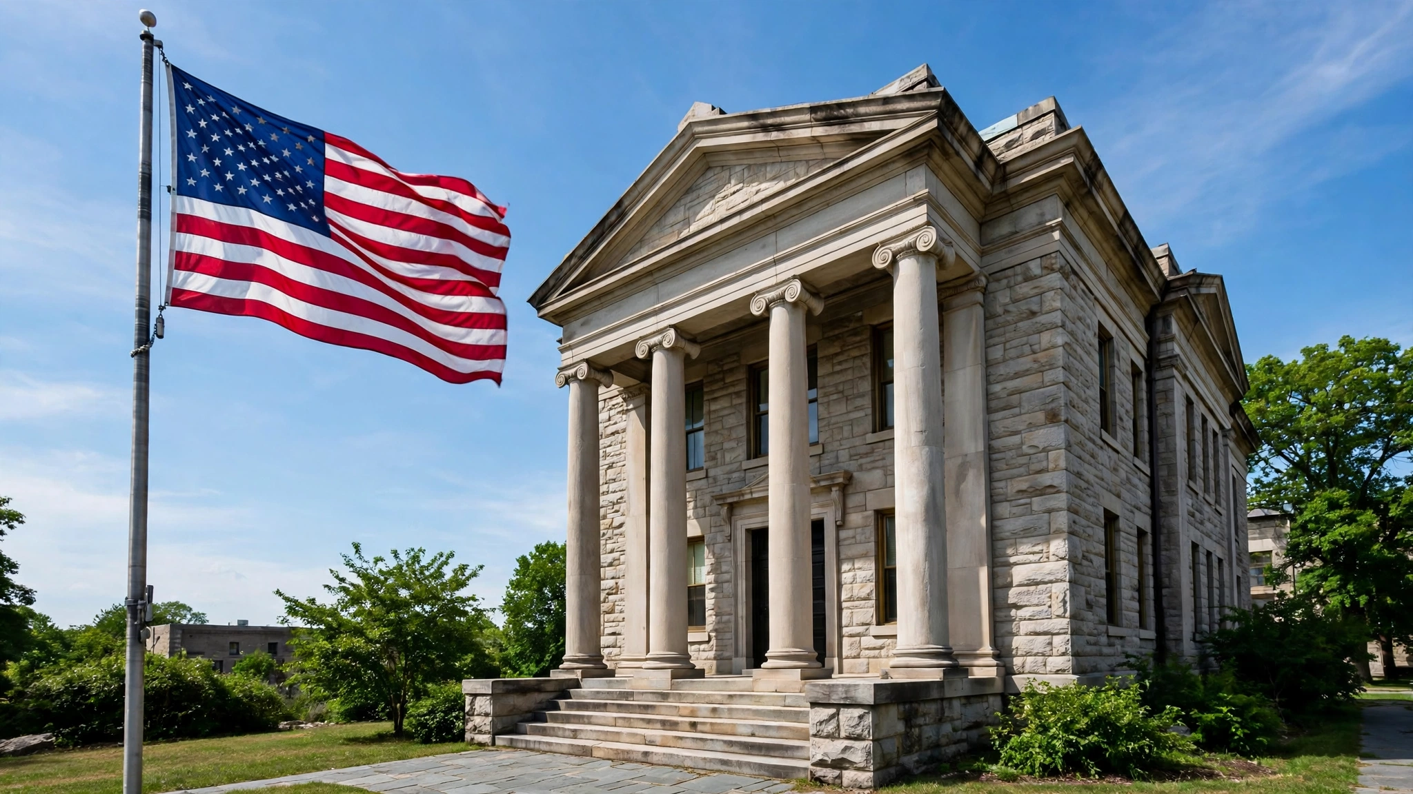An American flag on a flagpole beside a stone courthouse building