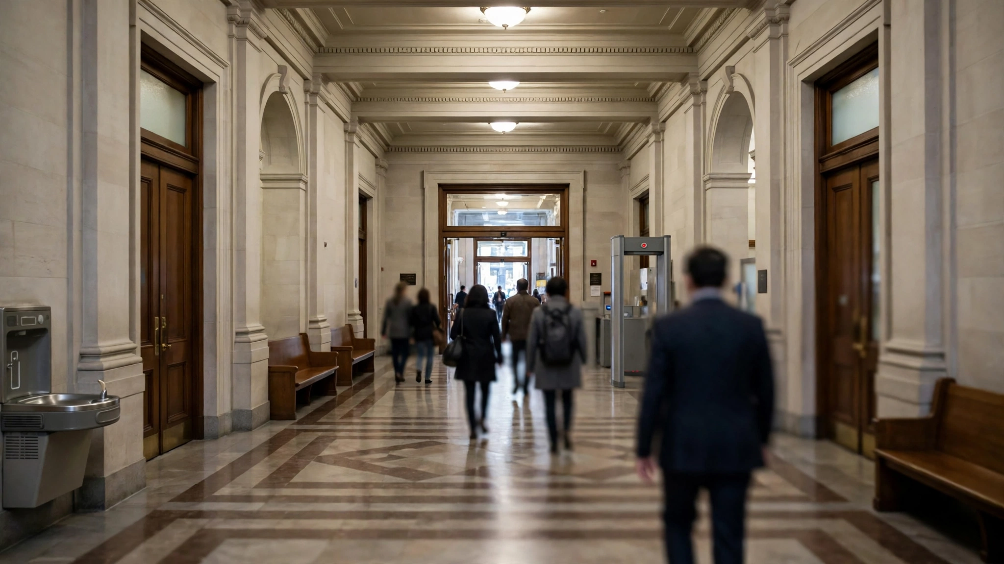People walking away from the camera down a marble courthouse hallway