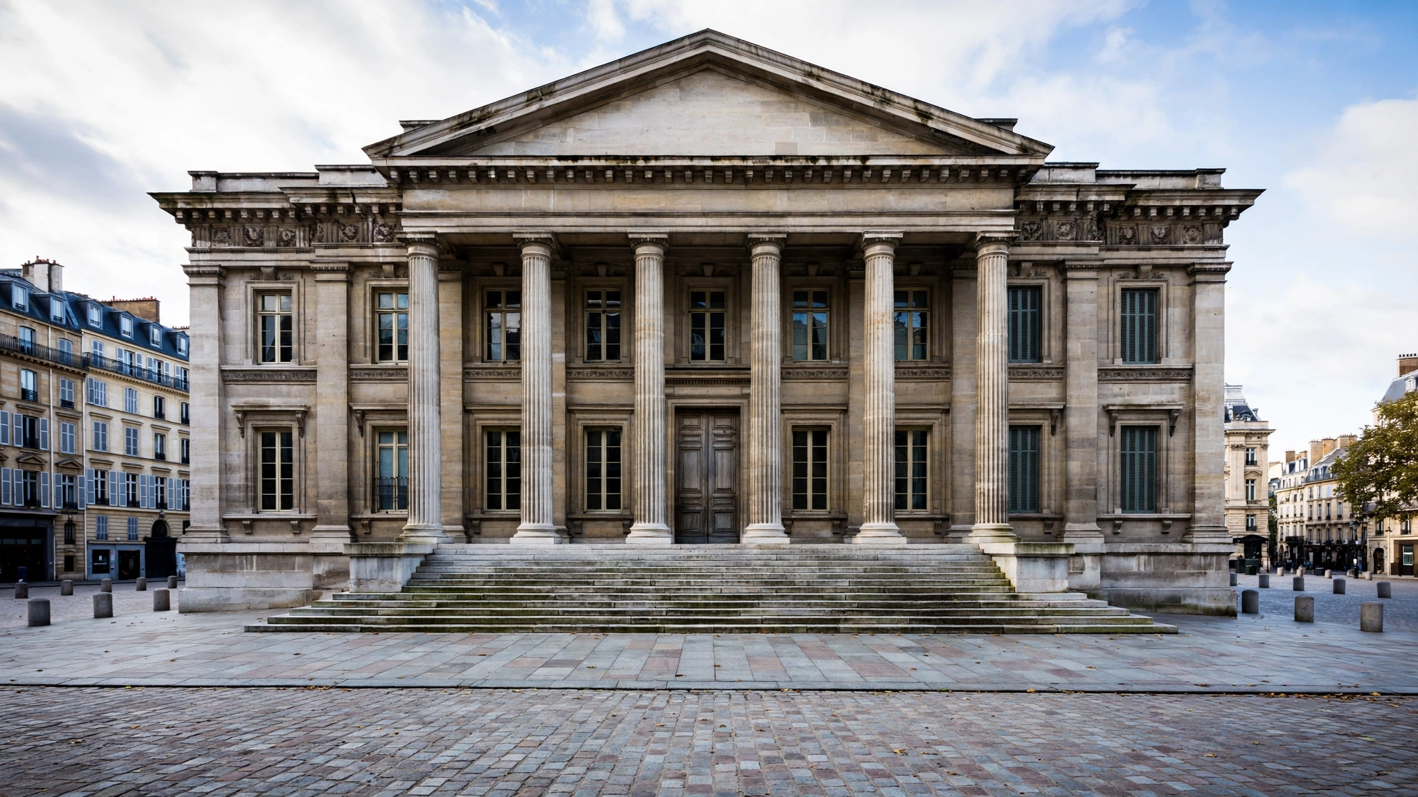 A neoclassical stone building with tall columns and wide steps on an empty paved plaza.