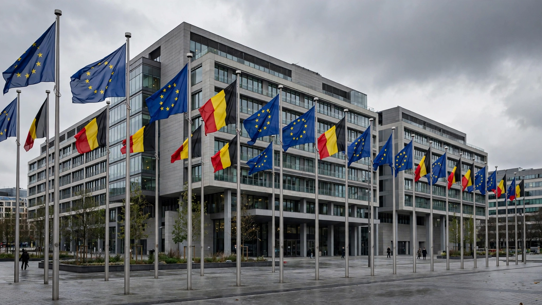 European Union and Belgian flags on poles in front of a modern office building in Brussels under a cloudy sky.
