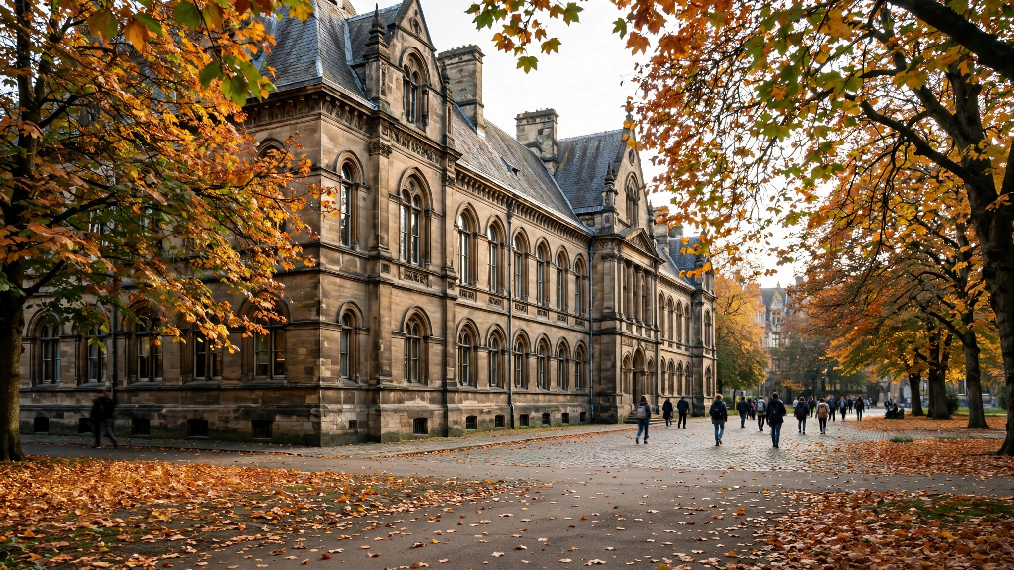 A historic stone university building beside a path covered in autumn leaves, with students walking in the distance.