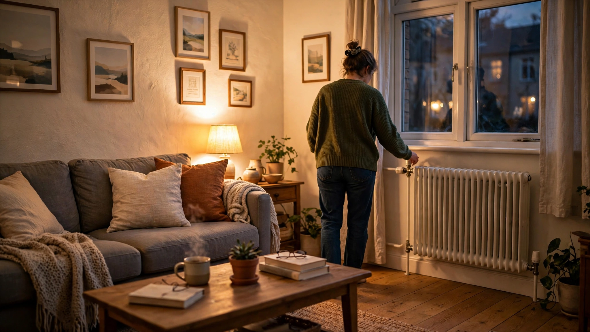 A person seen from behind adjusting a white radiator in a warm living room in the evening