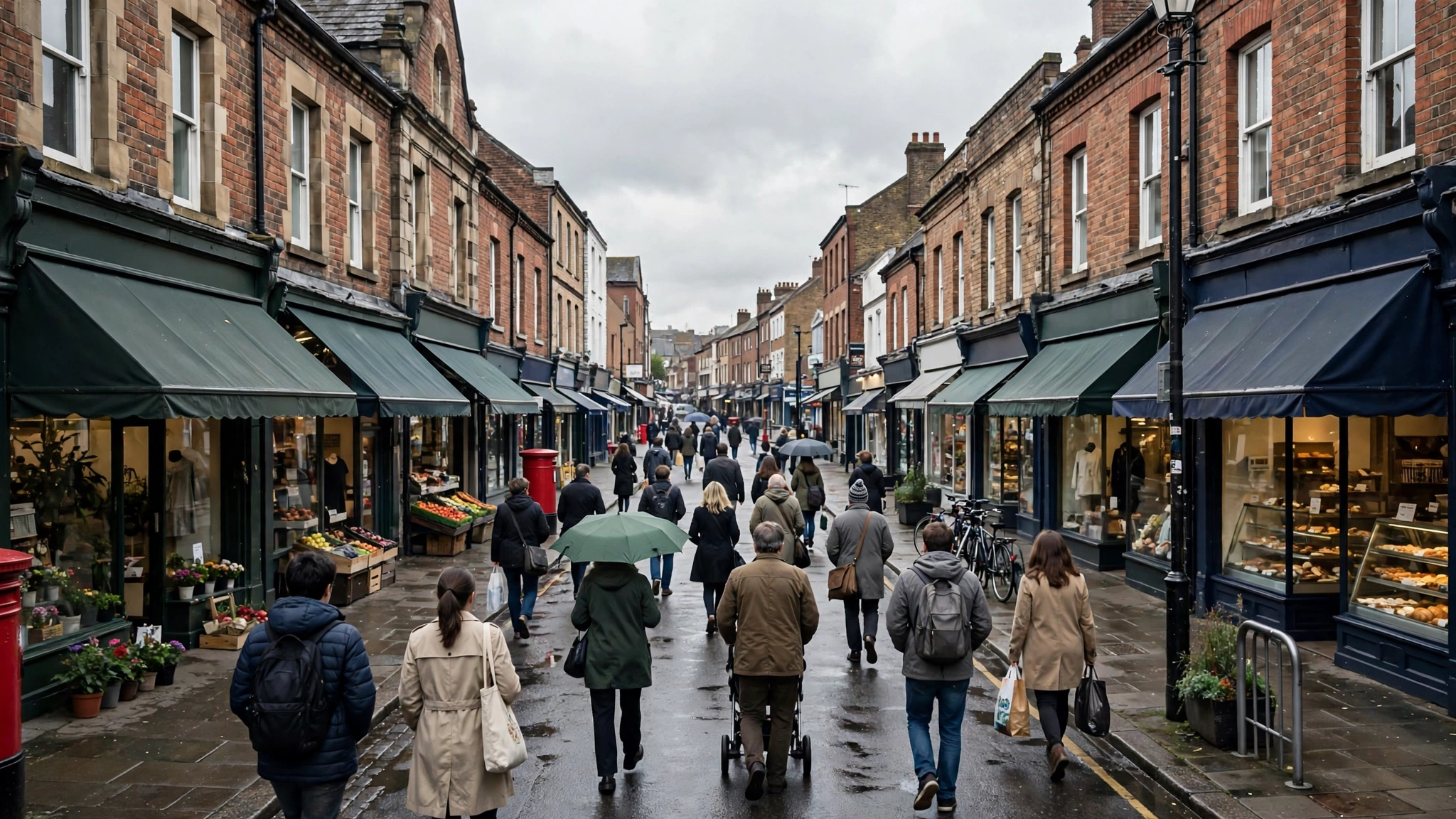 Shoppers walking along a wet high street lined with small shops under a cloudy sky