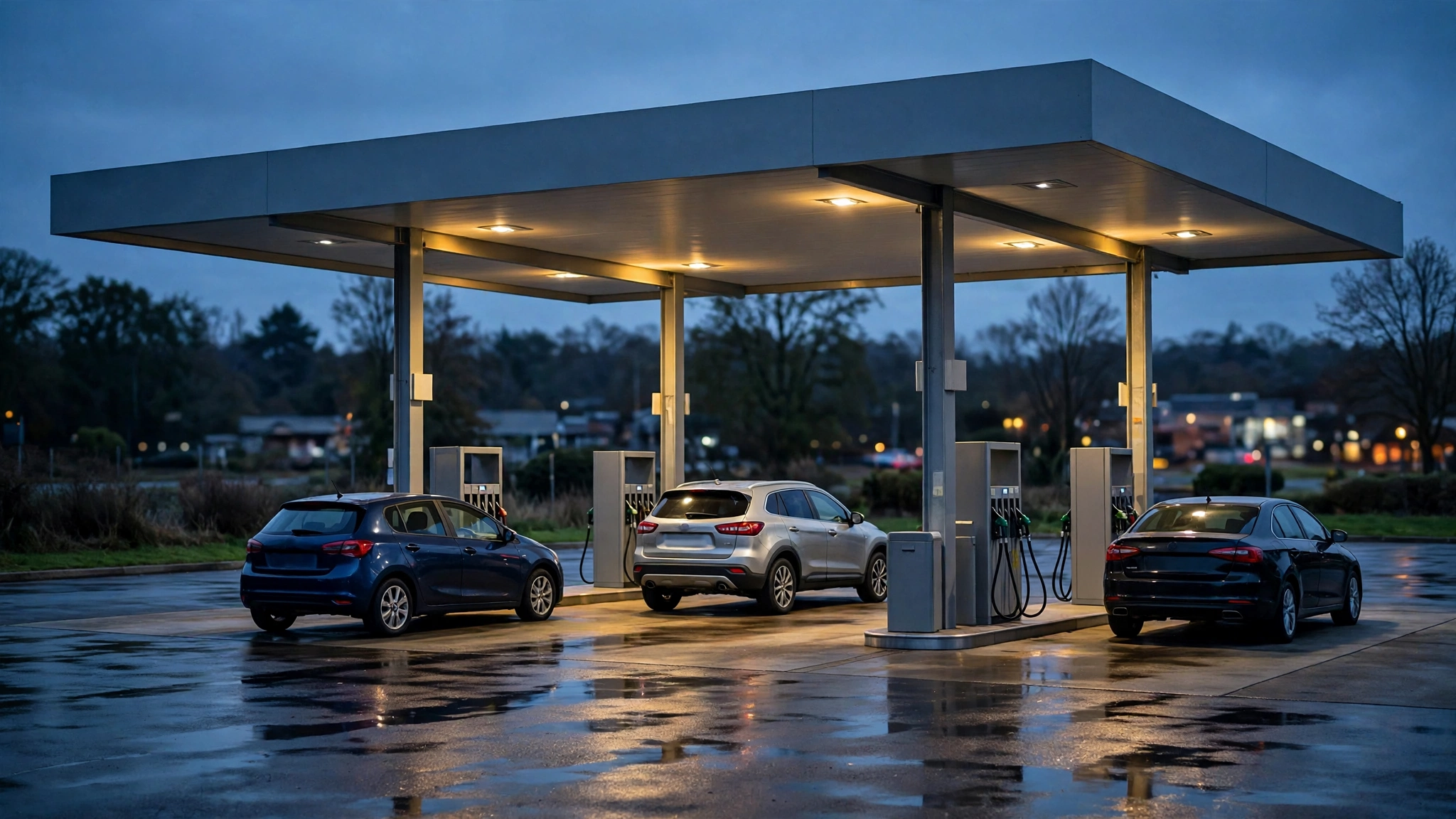 Three cars at fuel pumps under a station canopy in the evening