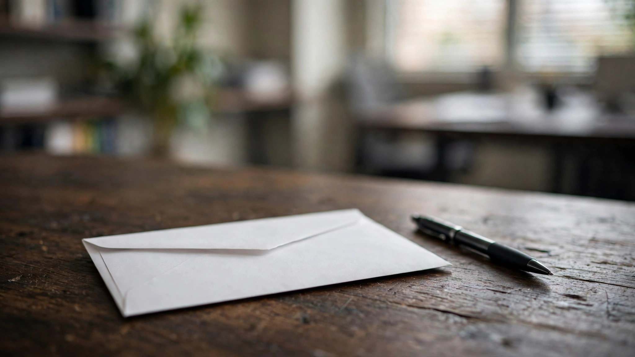 A sealed plain white envelope and a pen on a wooden desk in an office