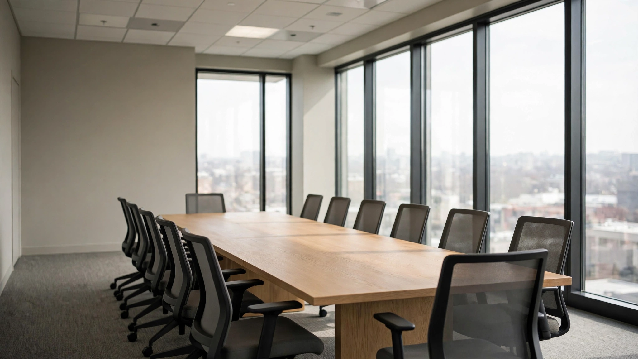 An empty conference room with a long wooden table and chairs beside large windows