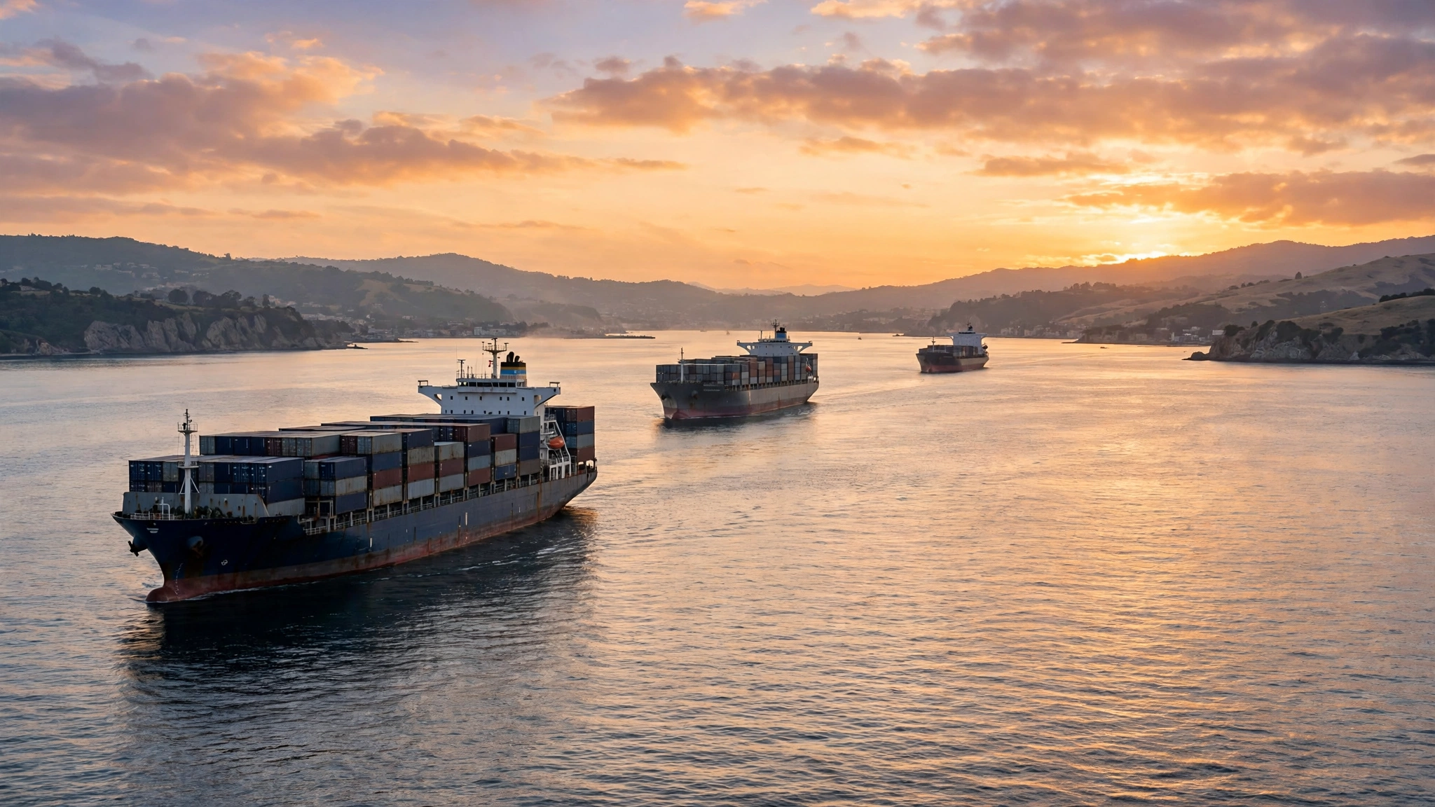 Three cargo ships on open water at sunset with hills along the shoreline